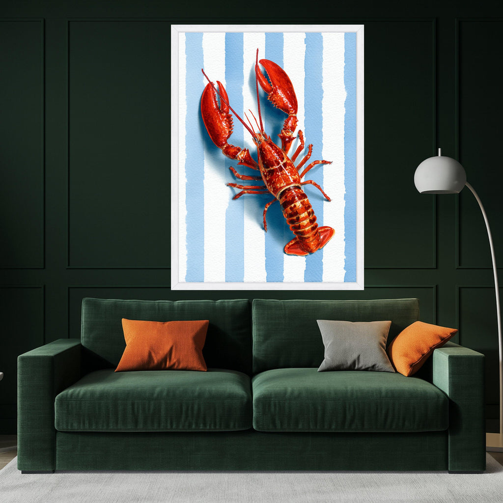 Vibrant Lobster Illustration Canvas, Coastal Nautical Wall Art, Seafood Kitchen Decor, Blue Striped Background Canvas, Summer Beach Theme