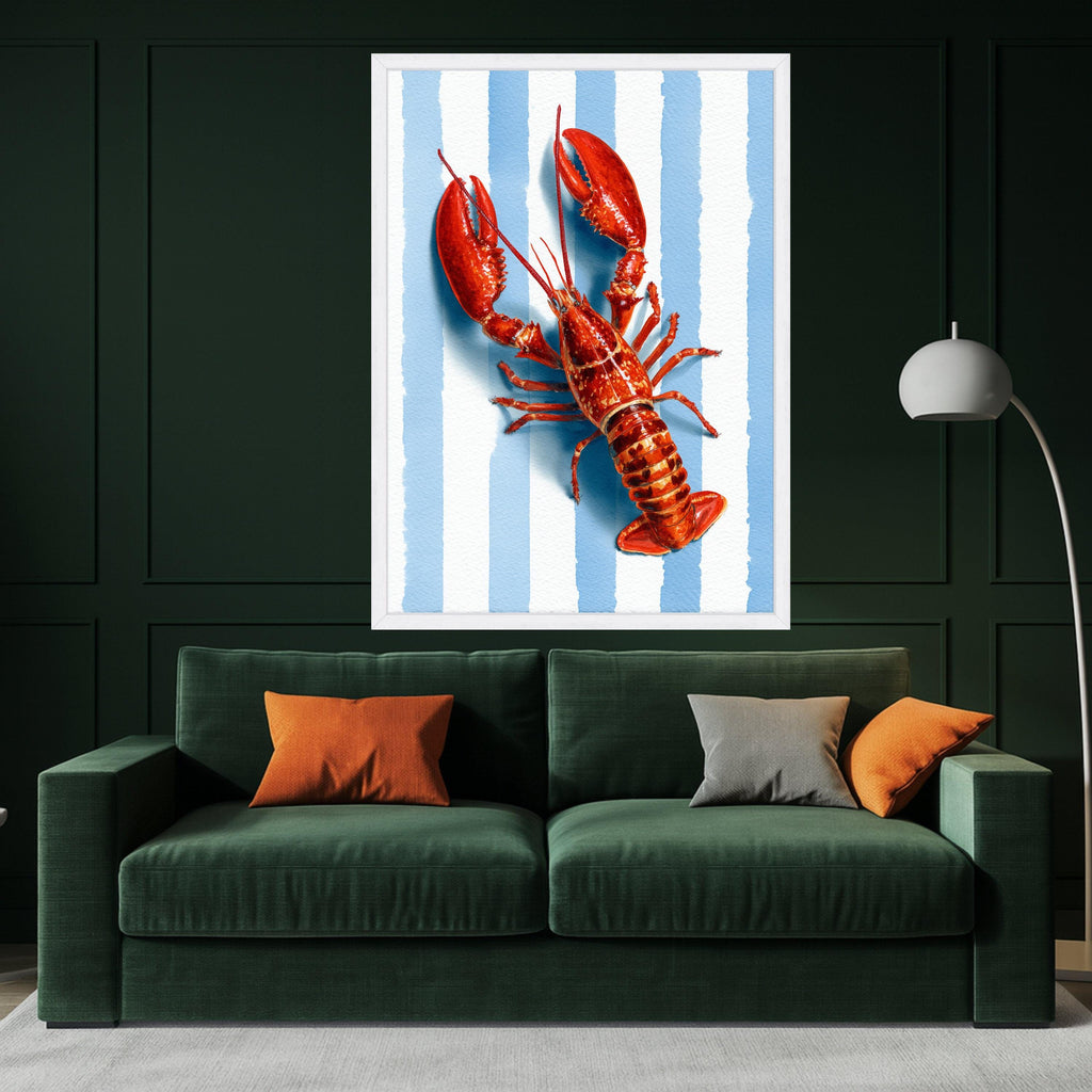 Vibrant Lobster Illustration Canvas, Coastal Nautical Wall Art, Seafood Kitchen Decor, Blue Striped Background Canvas, Summer Beach Theme
