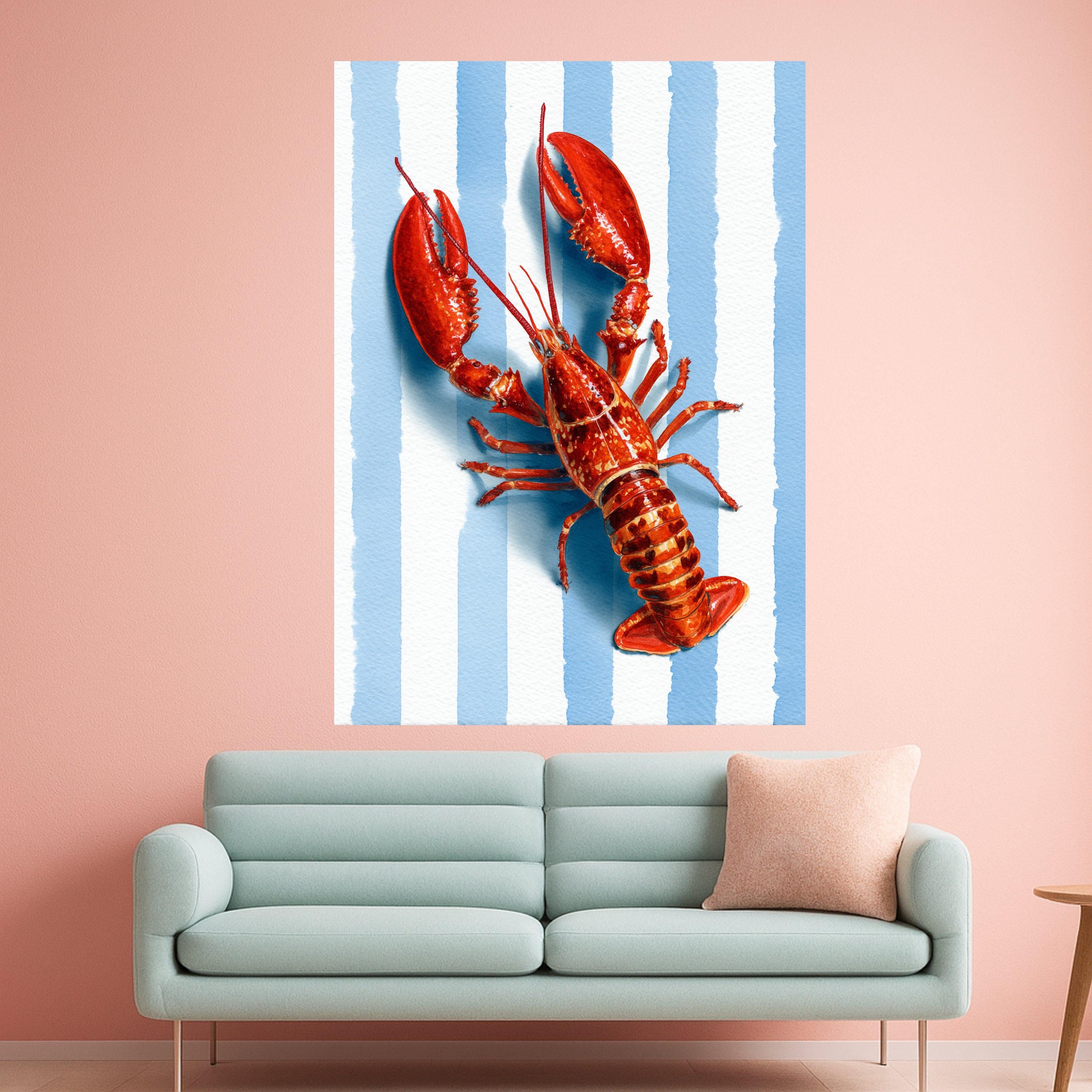 Vibrant Lobster Illustration Canvas, Coastal Nautical Wall Art, Seafood Kitchen Decor, Blue Striped Background Canvas, Summer Beach Theme