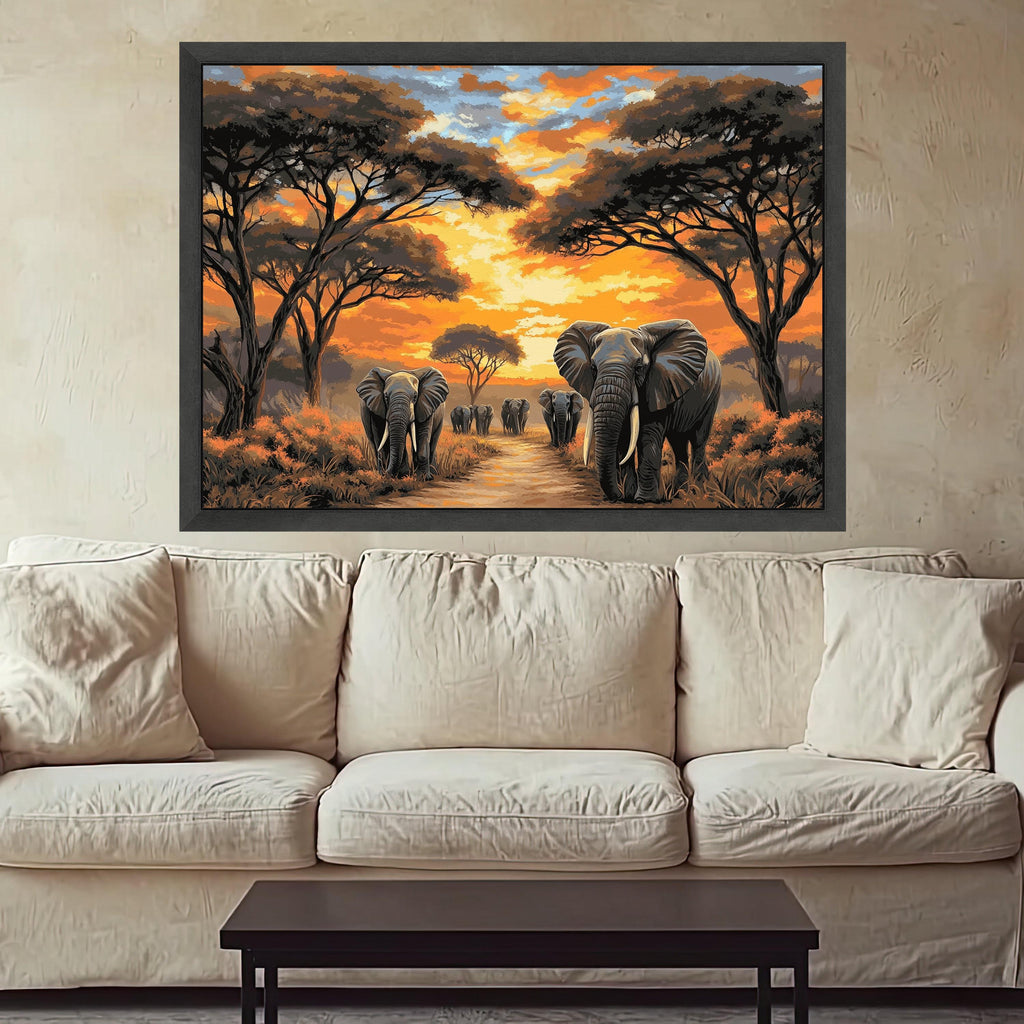 Majestic Elephant Herd at Sunset Canvas, African Safari Wall Art, Wildlife Painting on Canvas, Nature Landscape Decor, Ready to Hang Artwork