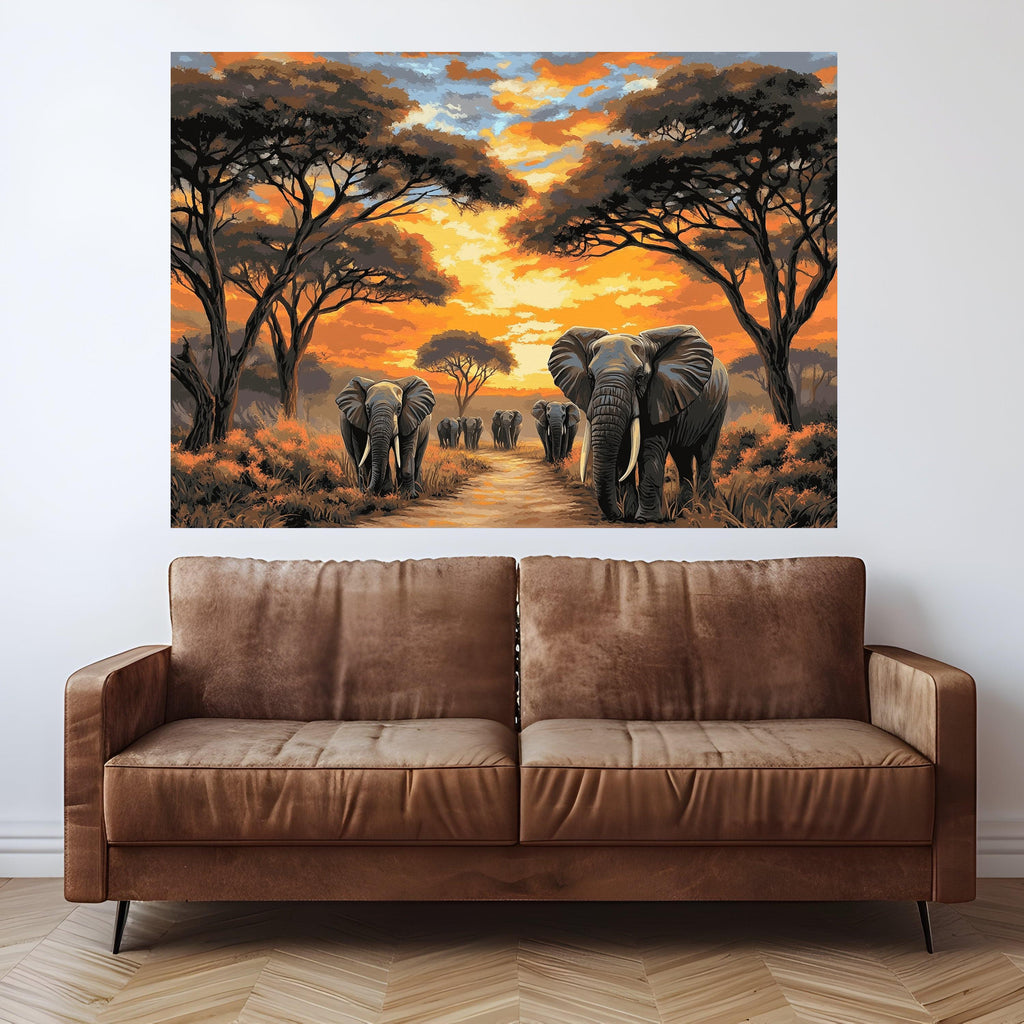 Majestic Elephant Herd at Sunset Canvas, African Safari Wall Art, Wildlife Painting on Canvas, Nature Landscape Decor, Ready to Hang Artwork