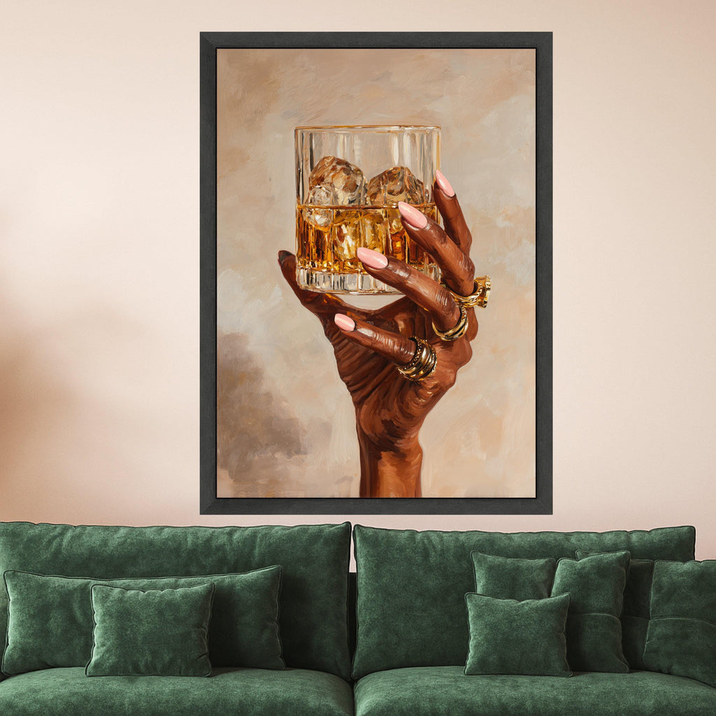Elegant Hand with Whiskey Glass Canvas, Gold Rings Wall Art, Luxury Drink Illustration, Modern Home Decor, Stylish Beverage Painting