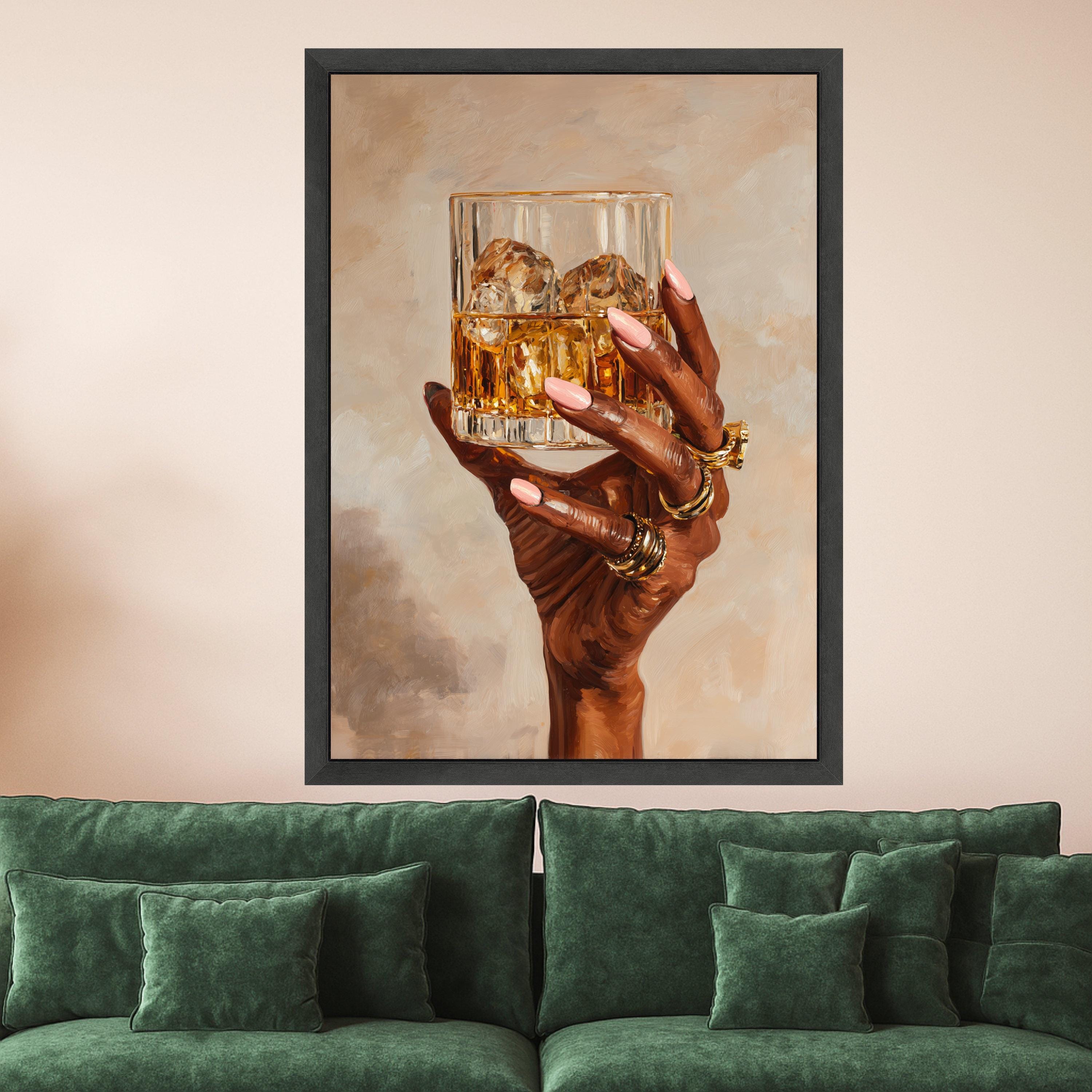 Elegant Hand with Whiskey Glass Canvas, Gold Rings Wall Art, Luxury Drink Illustration, Modern Home Decor, Stylish Beverage Painting