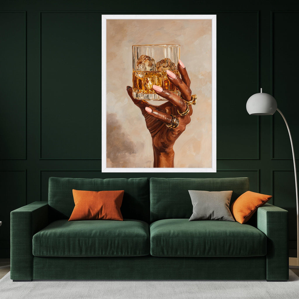 Elegant Hand with Whiskey Glass Canvas, Gold Rings Wall Art, Luxury Drink Illustration, Modern Home Decor, Stylish Beverage Painting