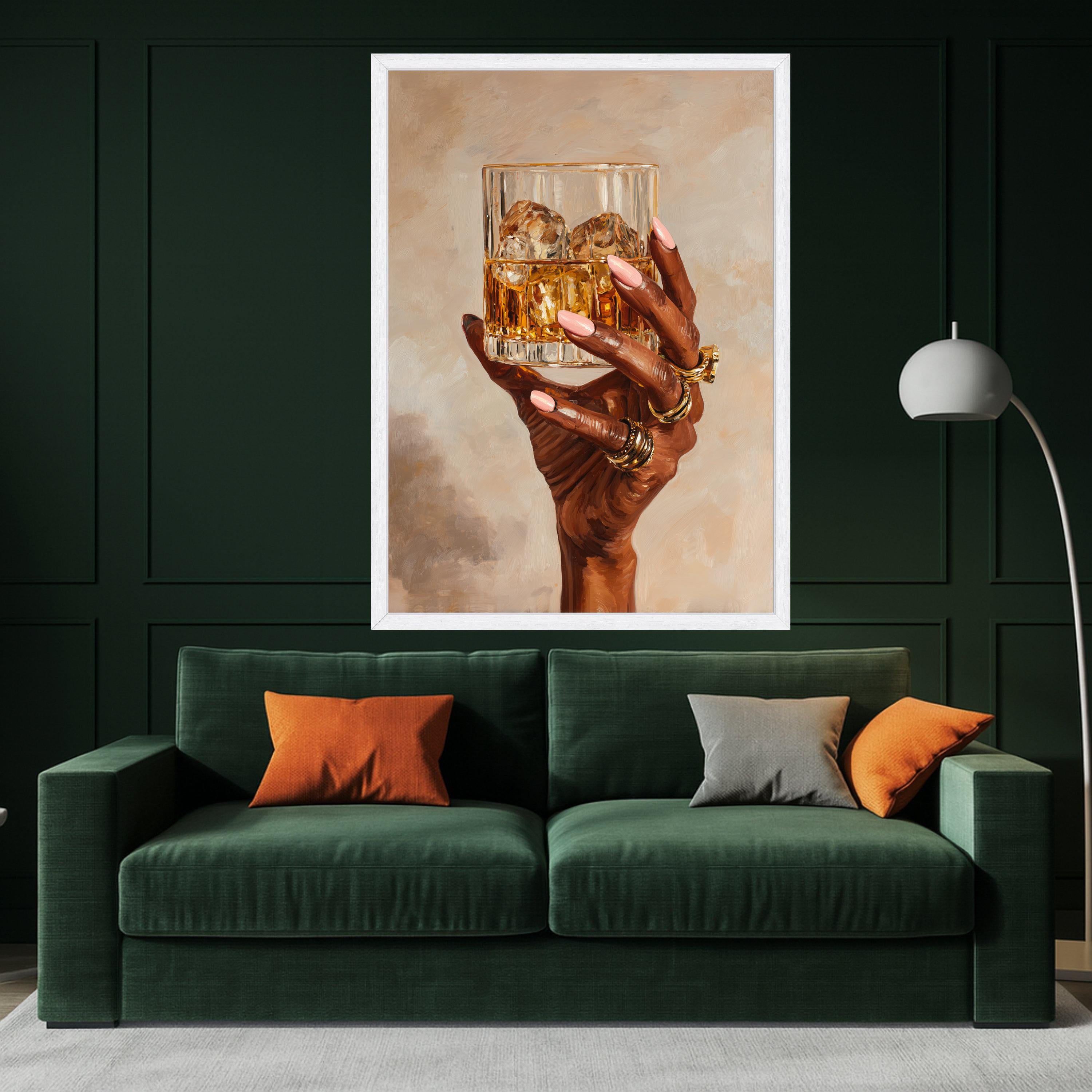 Elegant Hand with Whiskey Glass Canvas, Gold Rings Wall Art, Luxury Drink Illustration, Modern Home Decor, Stylish Beverage Painting