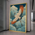 Elegant Crane in Flight Canvas, Japanese Inspired Bird Wall Art, Traditional Asian Style, Cloudscape Nature Canvas, Home Decor Artwork
