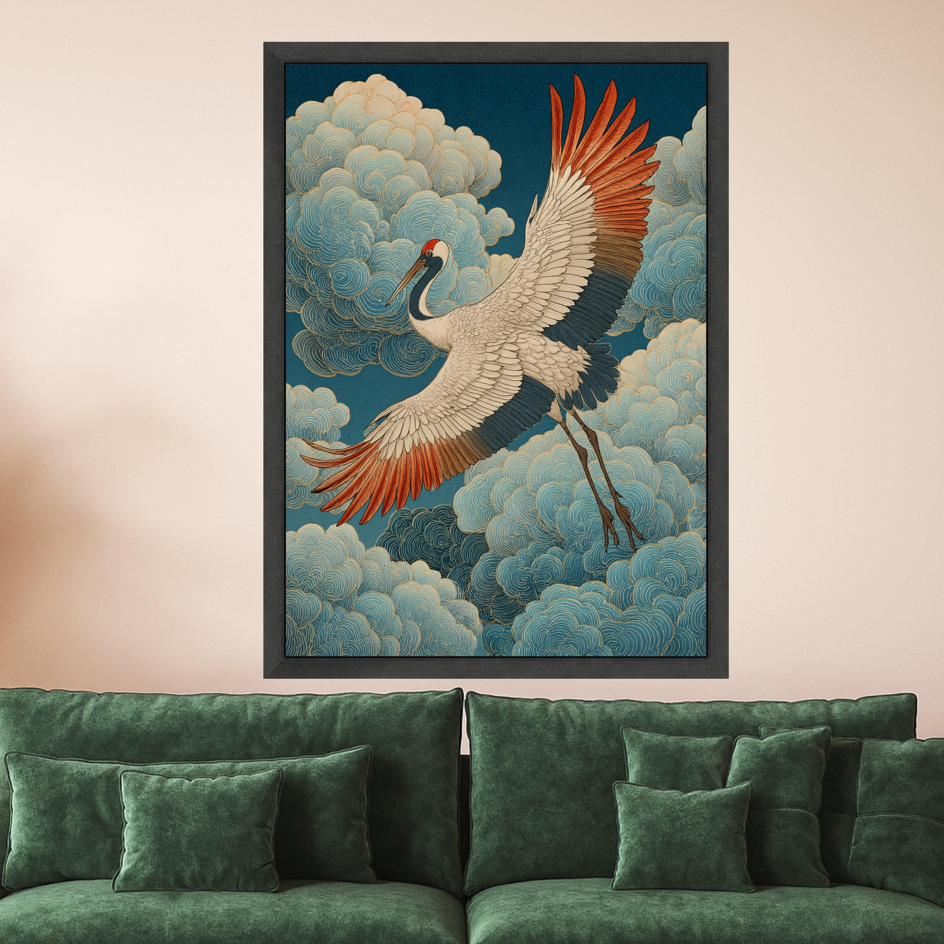 Elegant Crane in Flight Canvas, Japanese Inspired Bird Wall Art, Traditional Asian Style, Cloudscape Nature Canvas, Home Decor Artwork