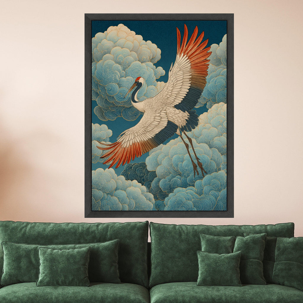 Elegant Crane in Flight Canvas, Japanese Inspired Bird Wall Art, Traditional Asian Style, Cloudscape Nature Canvas, Home Decor Artwork