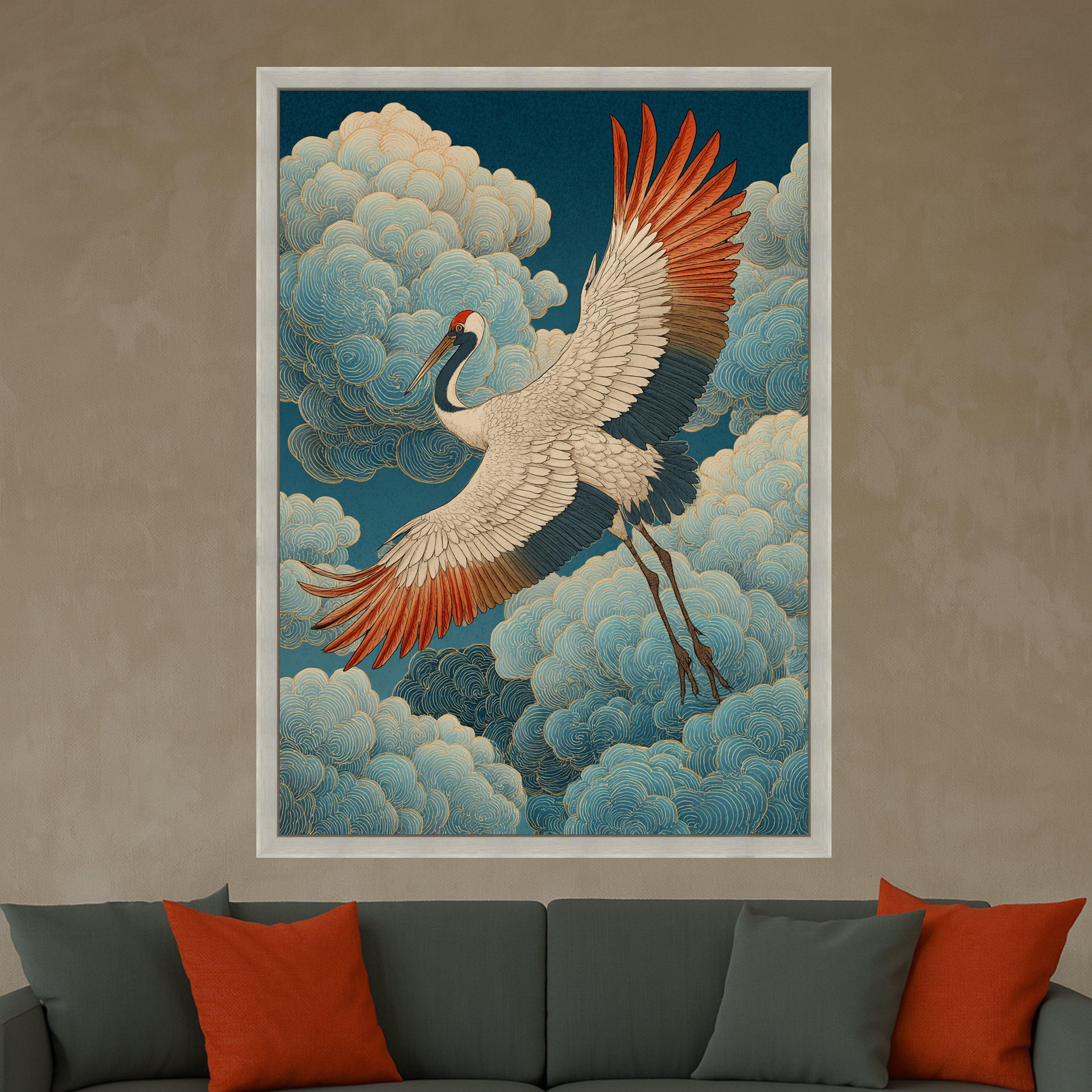 Elegant Crane in Flight Canvas, Japanese Inspired Bird Wall Art, Traditional Asian Style, Cloudscape Nature Canvas, Home Decor Artwork