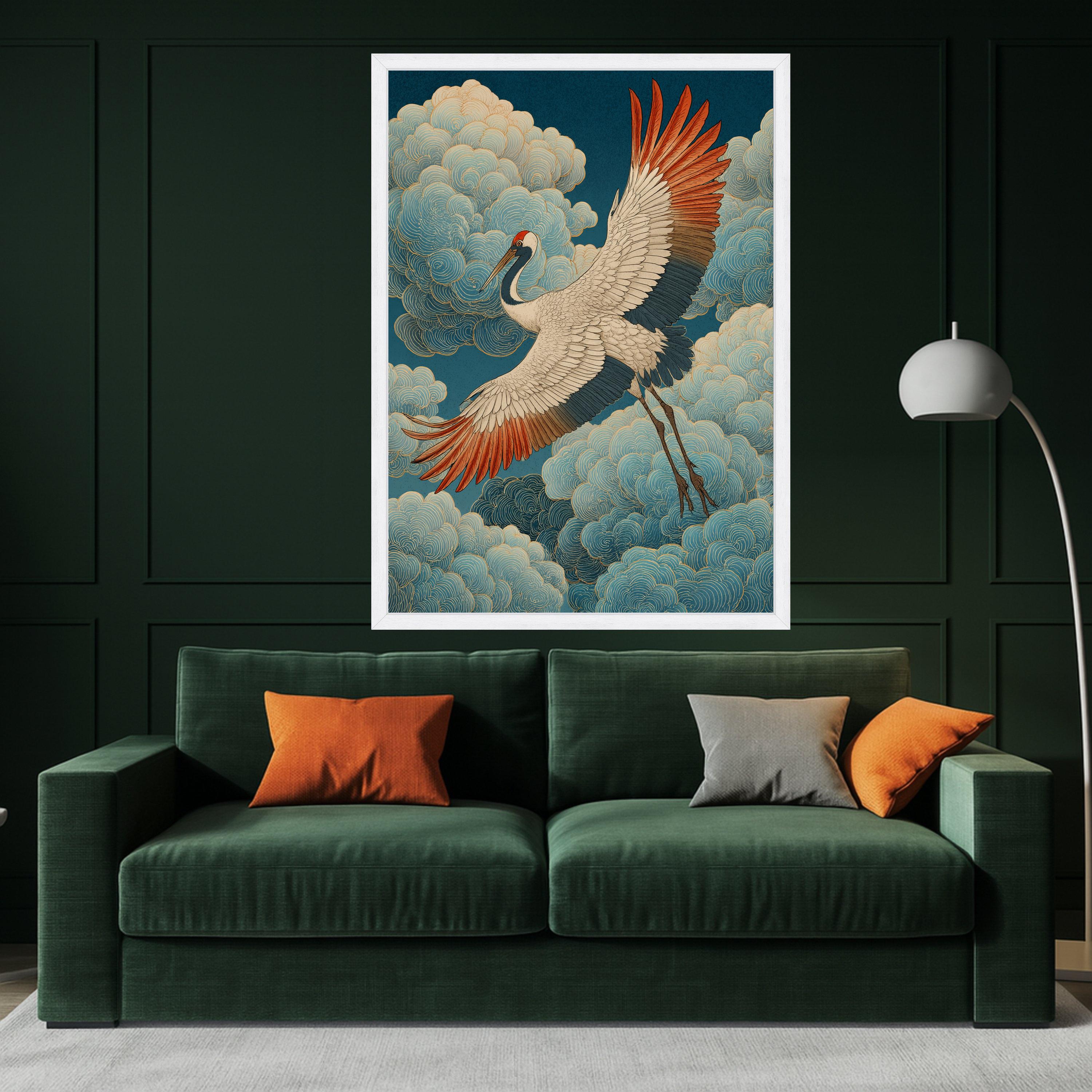Elegant Crane in Flight Canvas, Japanese Inspired Bird Wall Art, Traditional Asian Style, Cloudscape Nature Canvas, Home Decor Artwork