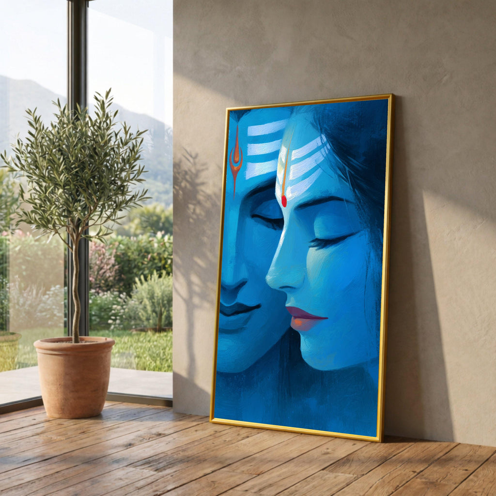 Divine Shiva and Parvati Portrait Canvas, Blue Spiritual Wall Art, Hindu Deity Painting, Mythological Home Decor, Meditative Canvas Art