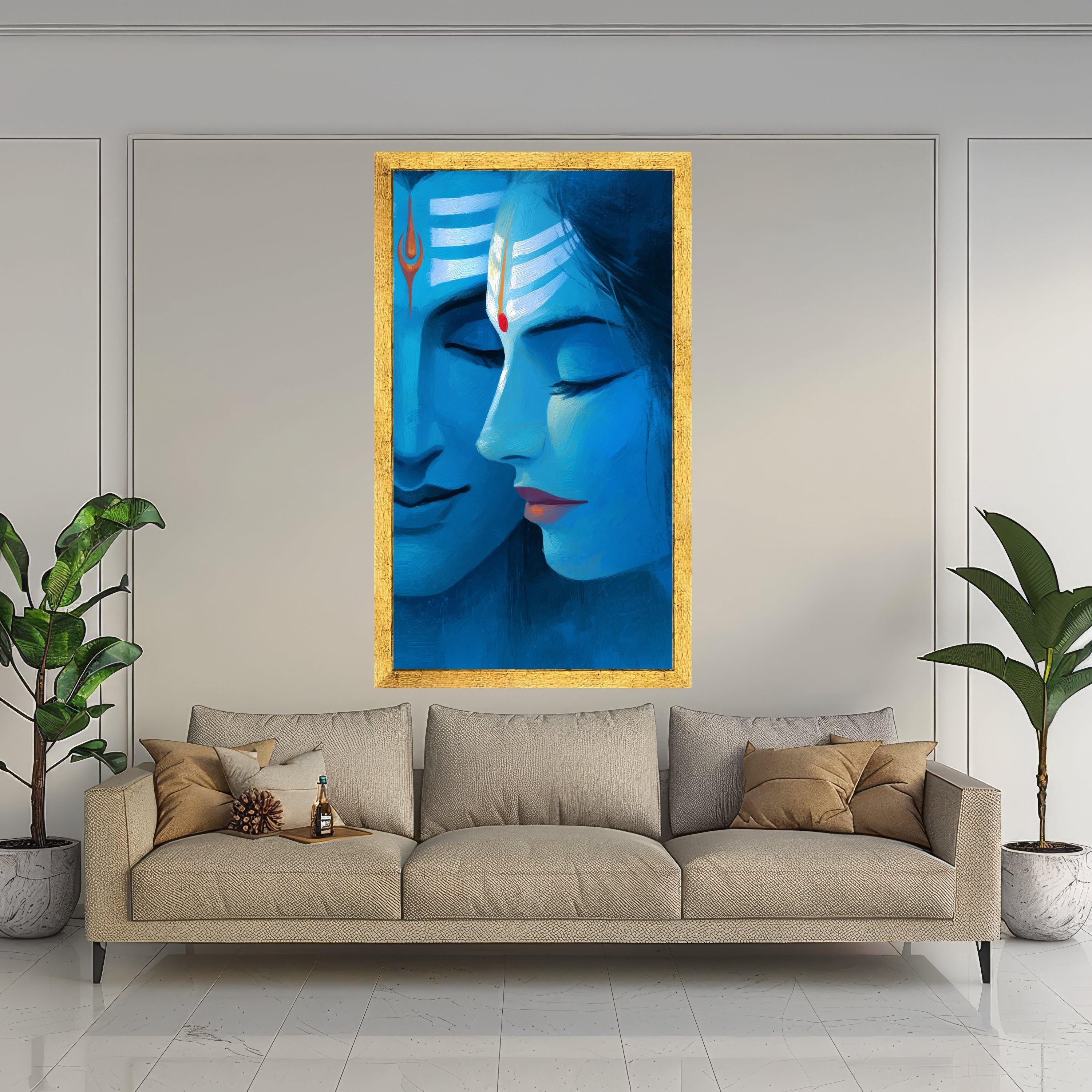 Divine Shiva and Parvati Portrait Canvas, Blue Spiritual Wall Art, Hindu Deity Painting, Mythological Home Decor, Meditative Canvas Art