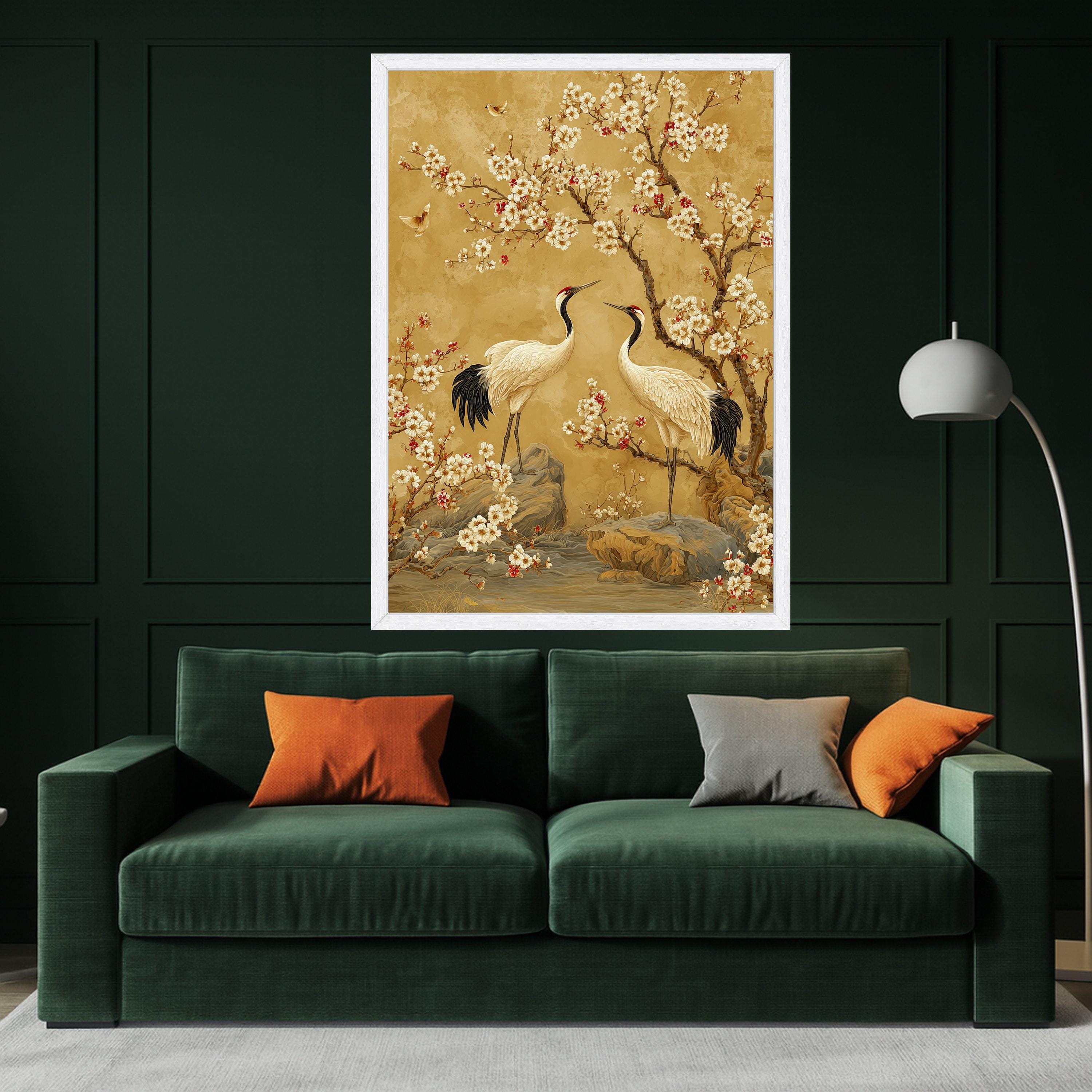 Elegant Crane Birds with Cherry Blossoms Canvas, Asian Style Nature Wall Art, Floral and Wildlife Canvas Decor, Serene Landscape Painting