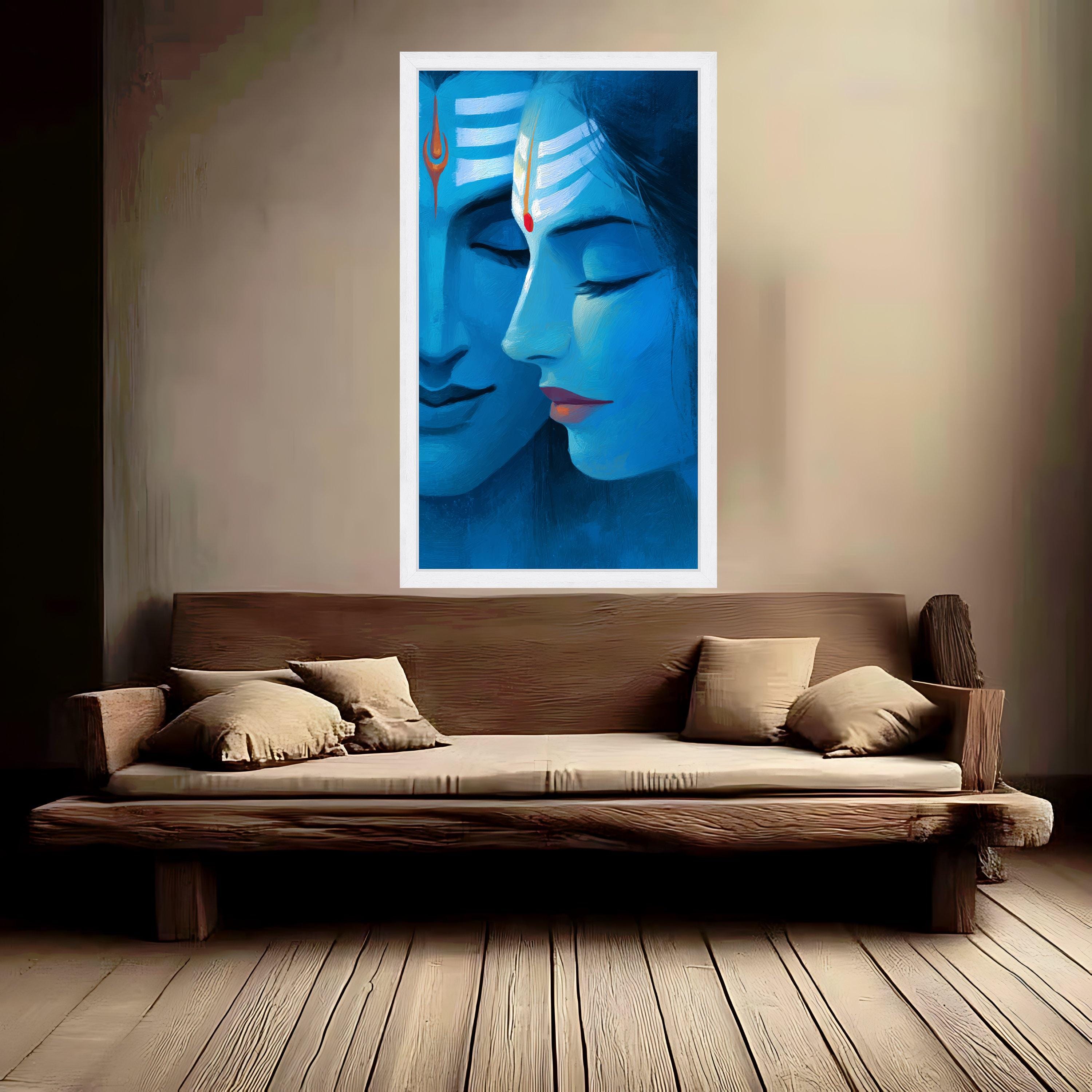 Divine Shiva and Parvati Portrait Canvas, Blue Spiritual Wall Art, Hindu Deity Painting, Mythological Home Decor, Meditative Canvas Art