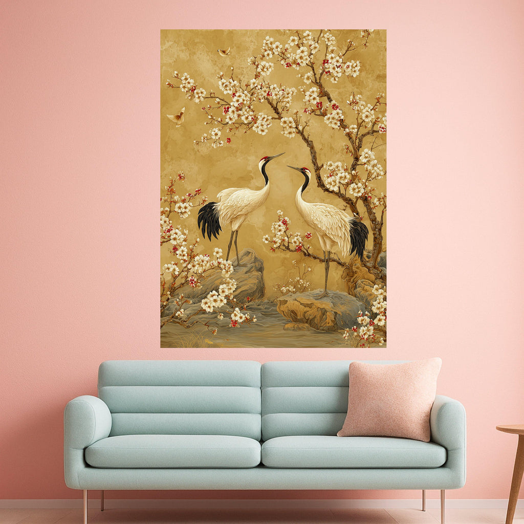 Elegant Crane Birds with Cherry Blossoms Canvas, Asian Style Nature Wall Art, Floral and Wildlife Canvas Decor, Serene Landscape Painting