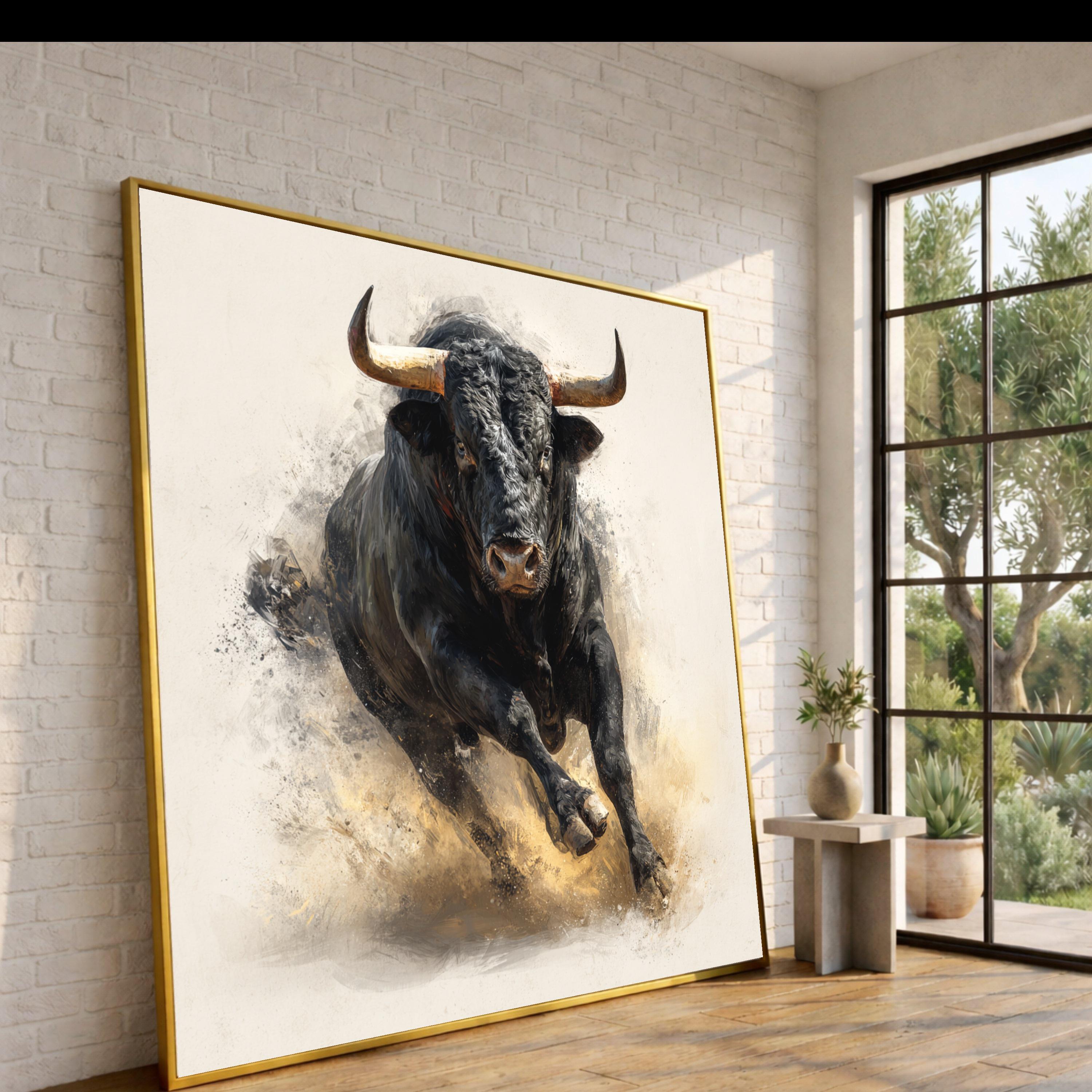 Charging Bull Canvas Wall Art, Powerful Black Bull Painting, Rustic Animal Art, Farmhouse Decor, Dynamic Wildlife Canvas, Ready to Hang