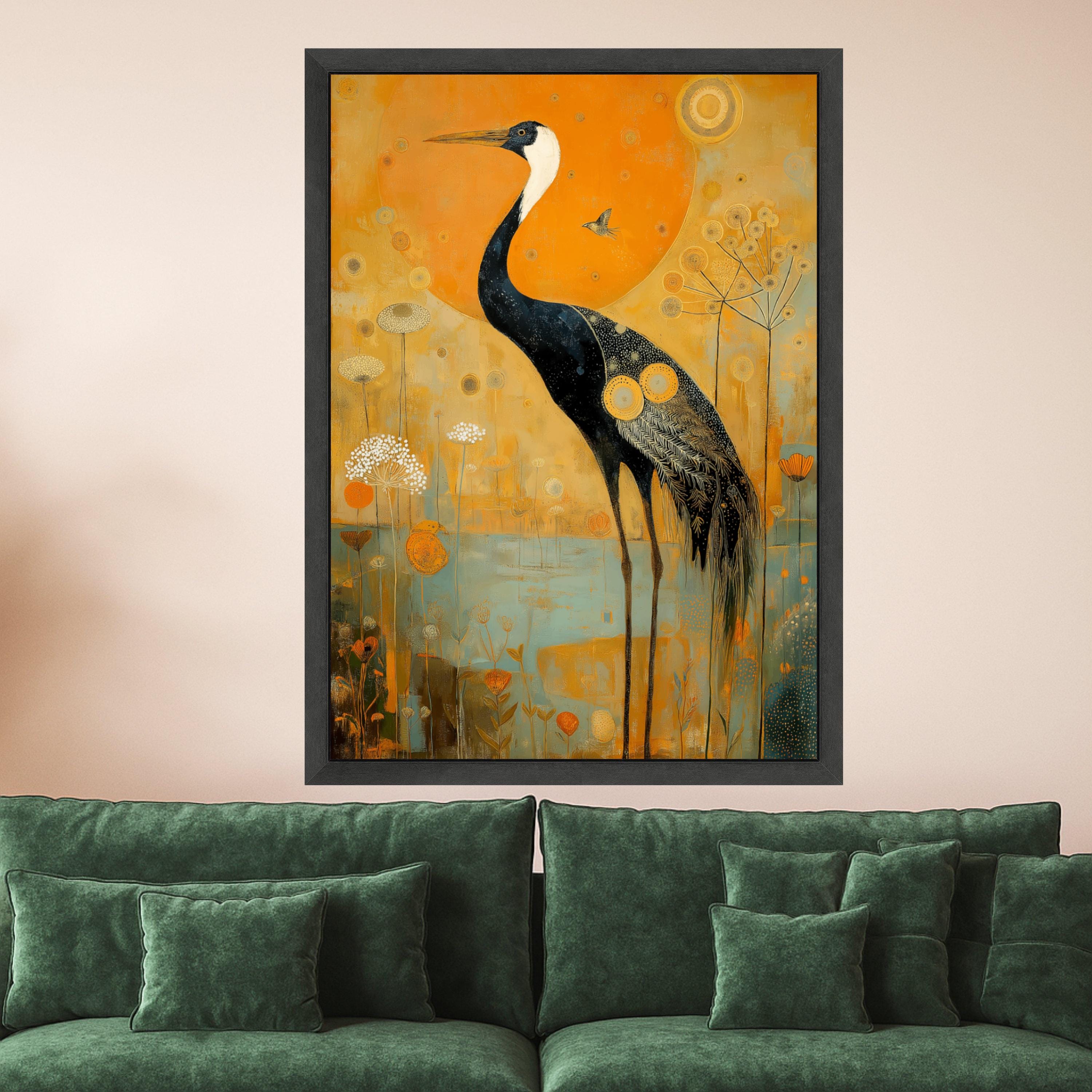 Elegant Crane Bird Canvas Wall Art, Abstract Nature Painting, Golden Orange Floral Background, Wildlife Home Décor, Ready to Hang Canvas