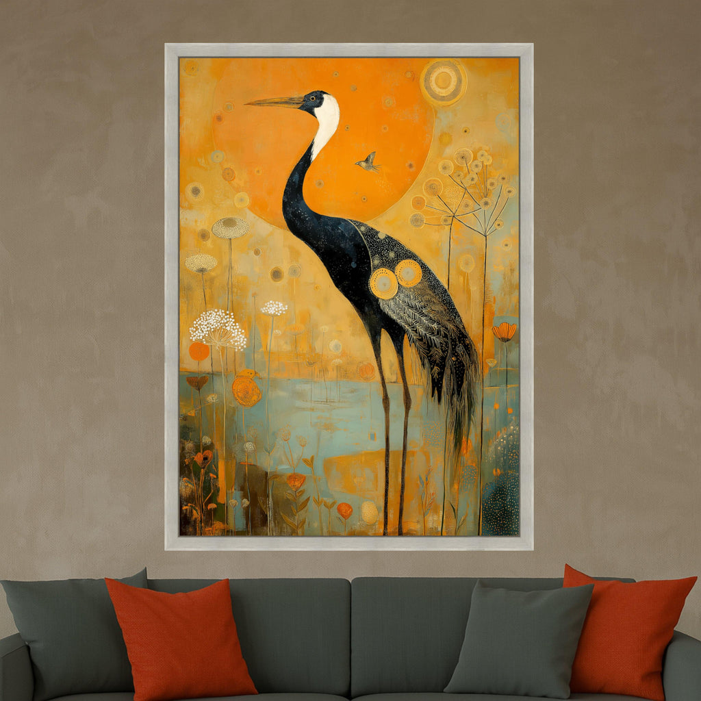 Elegant Crane Bird Canvas Wall Art, Abstract Nature Painting, Golden Orange Floral Background, Wildlife Home Décor, Ready to Hang Canvas