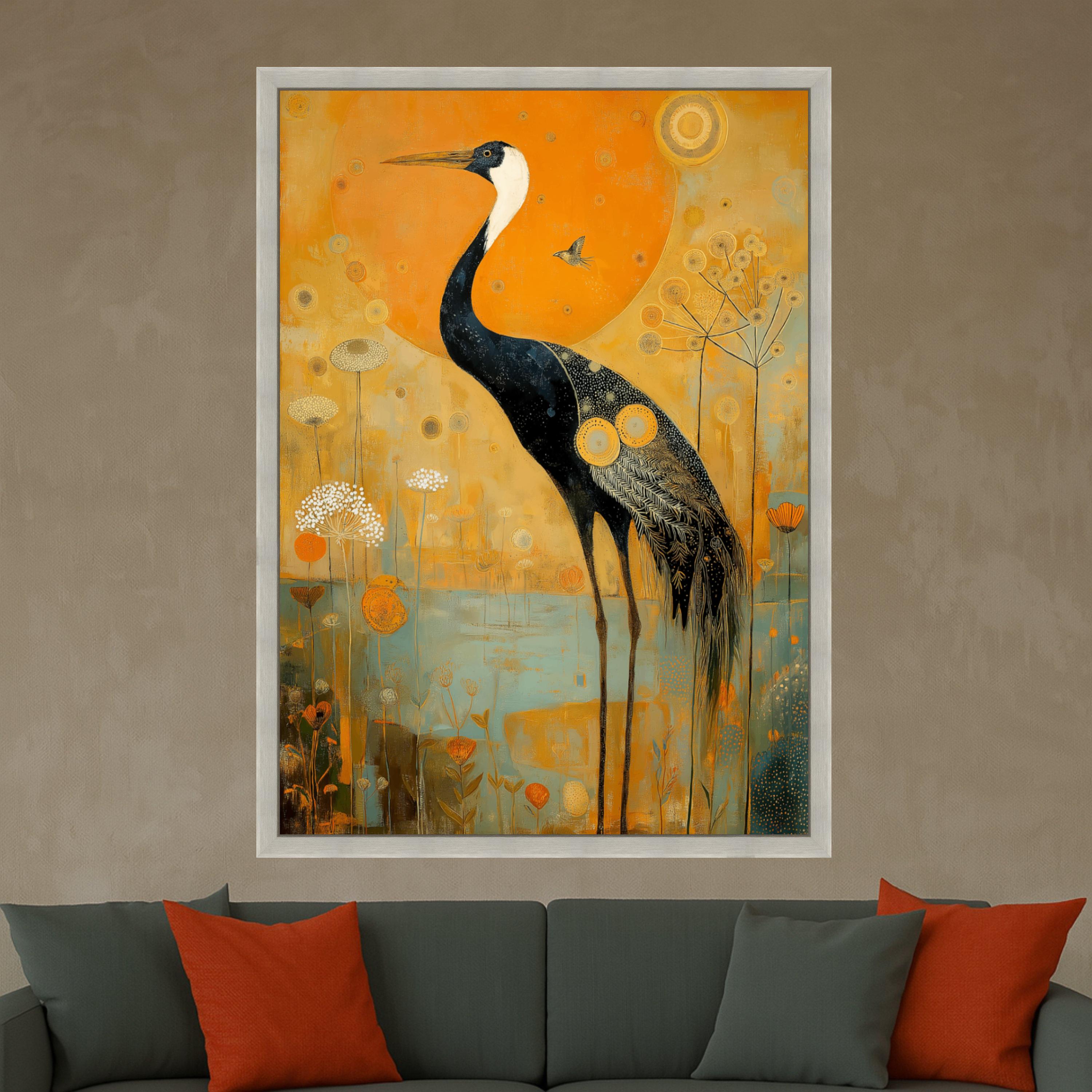 Elegant Crane Bird Canvas Wall Art, Abstract Nature Painting, Golden Orange Floral Background, Wildlife Home Décor, Ready to Hang Canvas