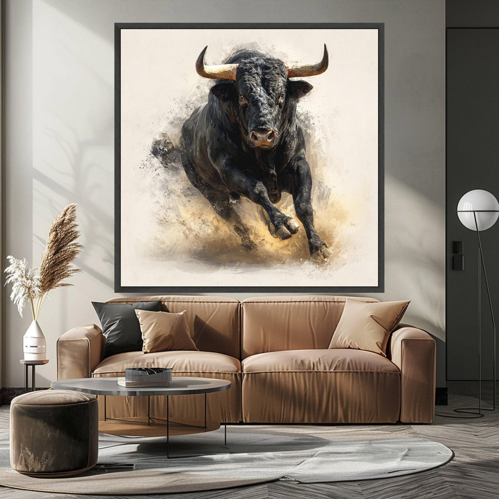 Charging Bull Canvas Wall Art, Powerful Black Bull Painting, Rustic Animal Art, Farmhouse Decor, Dynamic Wildlife Canvas, Ready to Hang