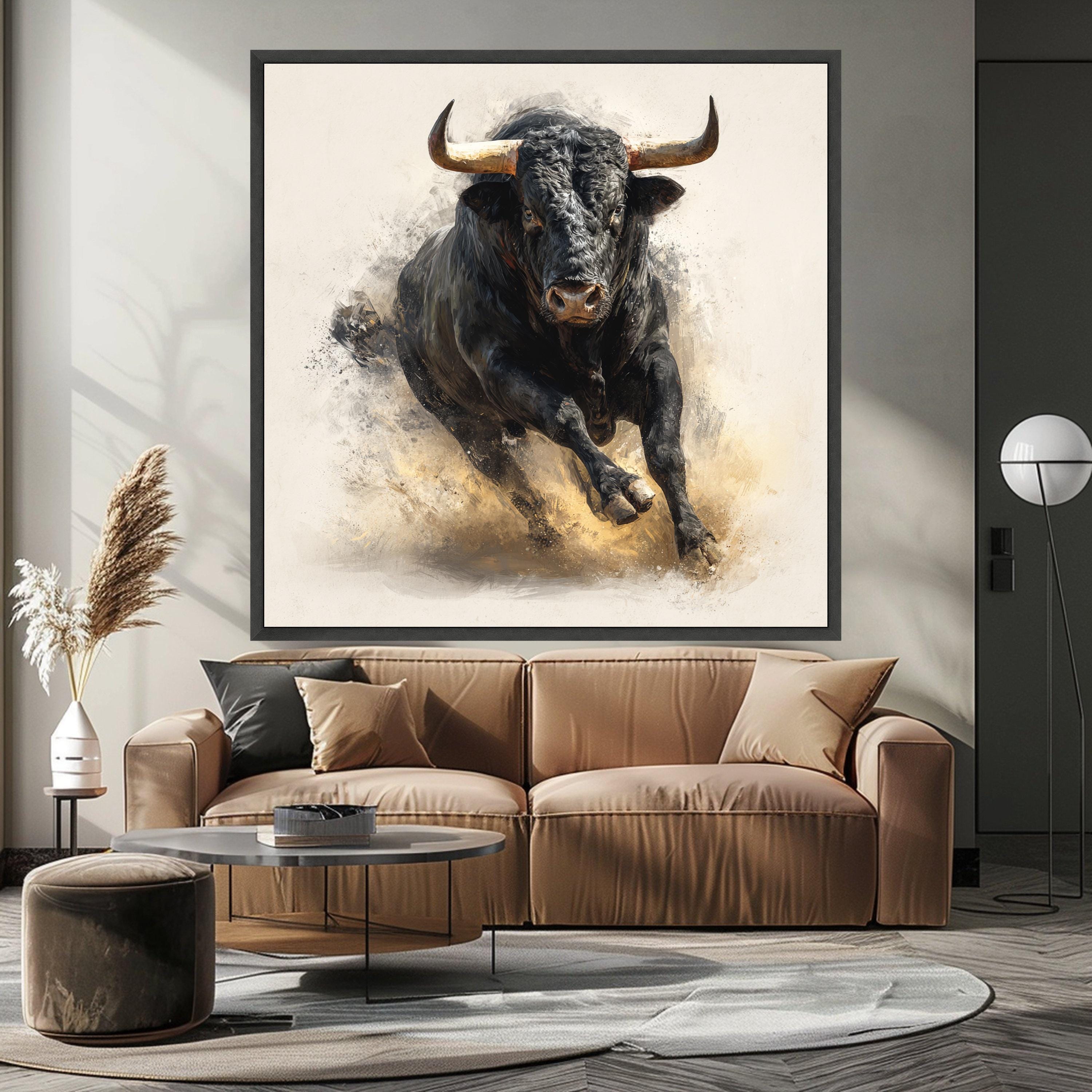 Charging Bull Canvas Wall Art, Powerful Black Bull Painting, Rustic Animal Art, Farmhouse Decor, Dynamic Wildlife Canvas, Ready to Hang