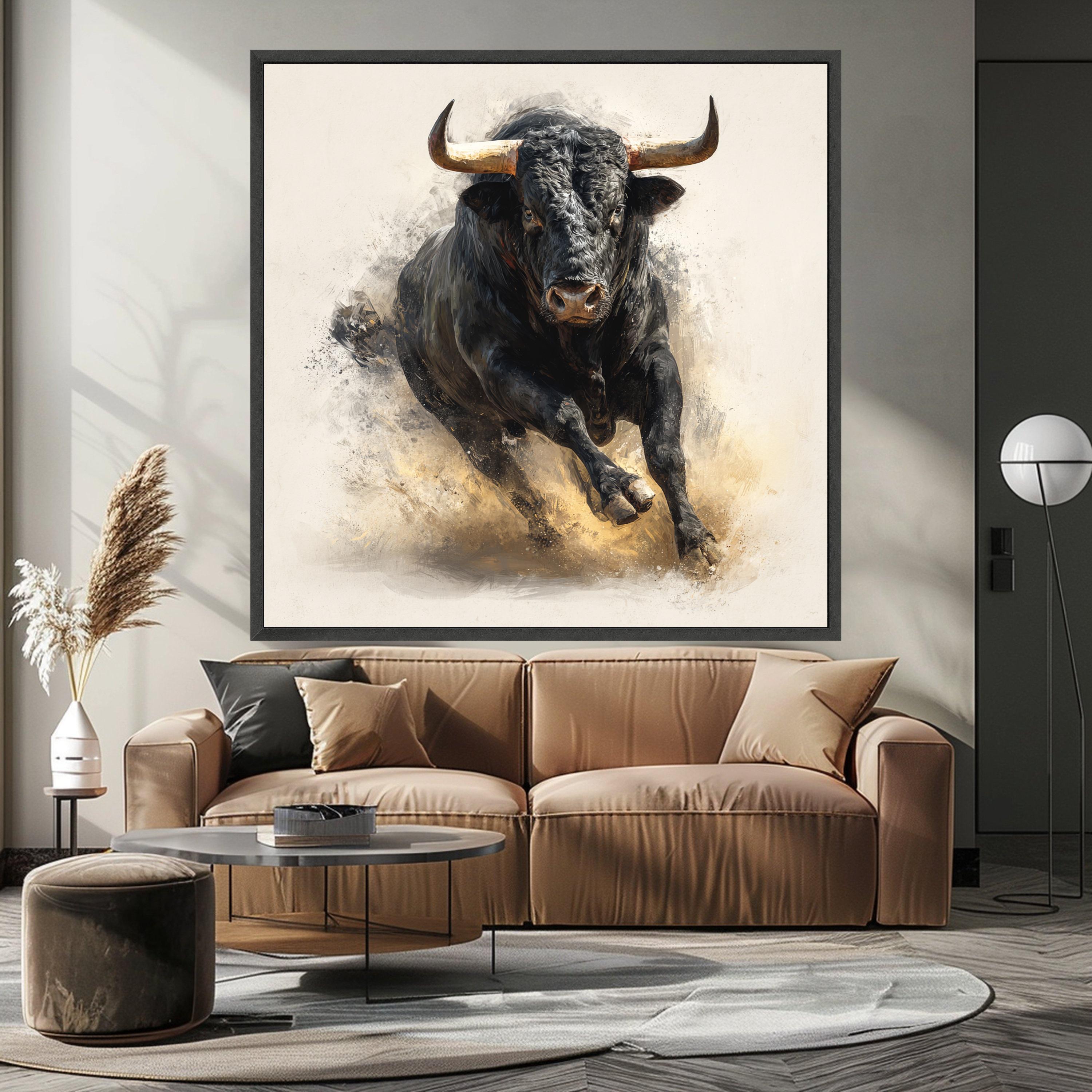 Charging Bull Canvas Wall Art, Powerful Black Bull Painting, Rustic Animal Art, Farmhouse Decor, Dynamic Wildlife Canvas, Ready to Hang