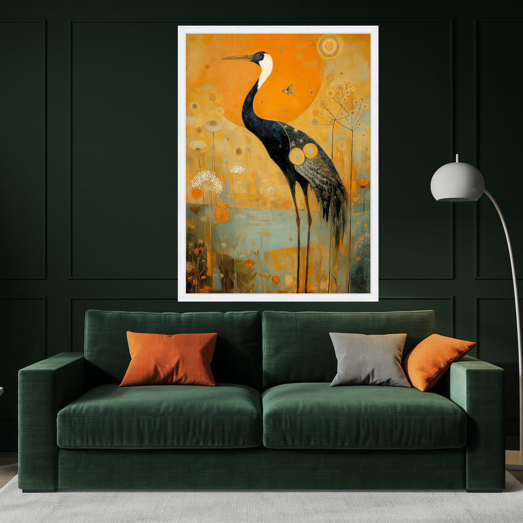 Elegant Crane Bird Canvas Wall Art, Abstract Nature Painting, Golden Orange Floral Background, Wildlife Home Décor, Ready to Hang Canvas