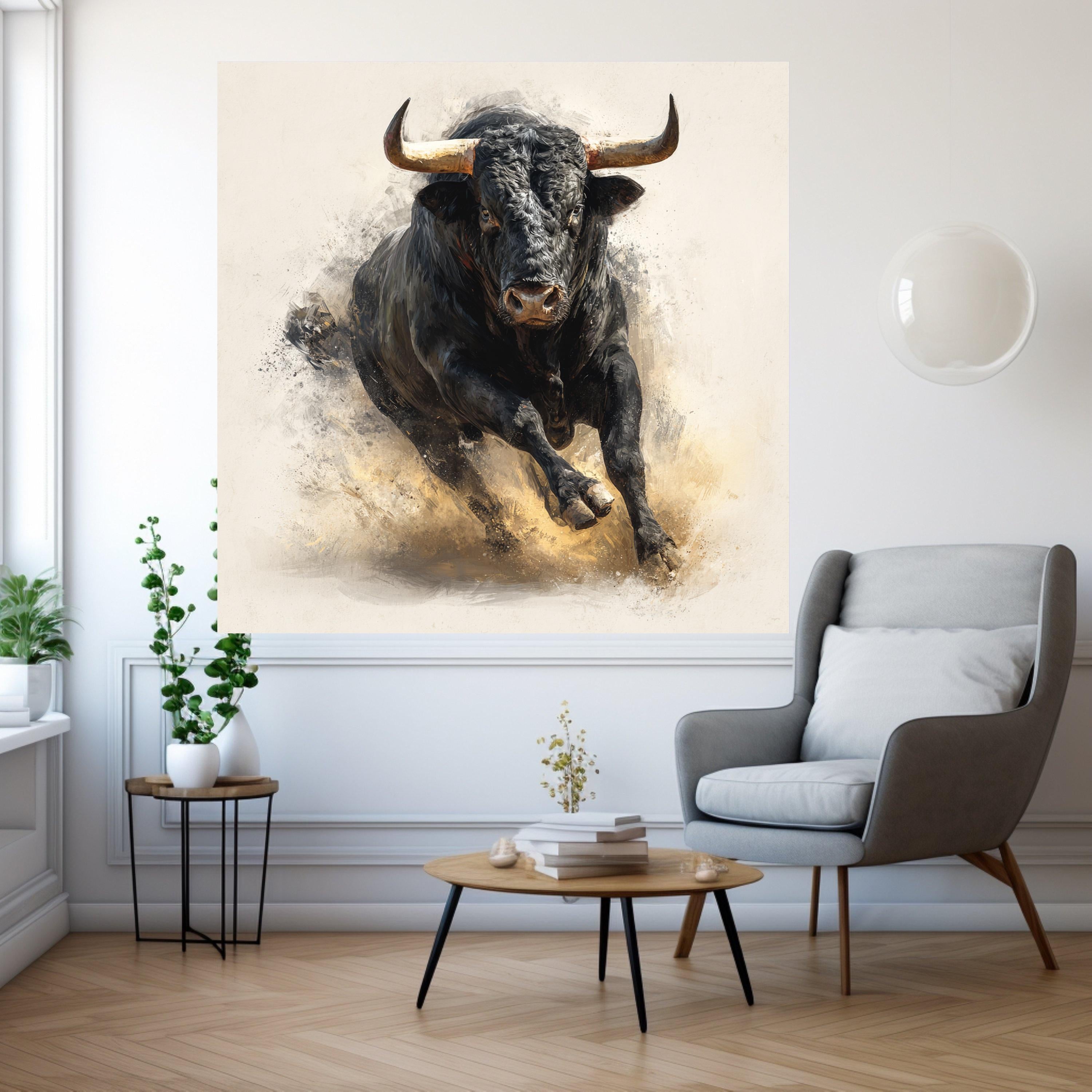 Charging Bull Canvas Wall Art, Powerful Black Bull Painting, Rustic Animal Art, Farmhouse Decor, Dynamic Wildlife Canvas, Ready to Hang