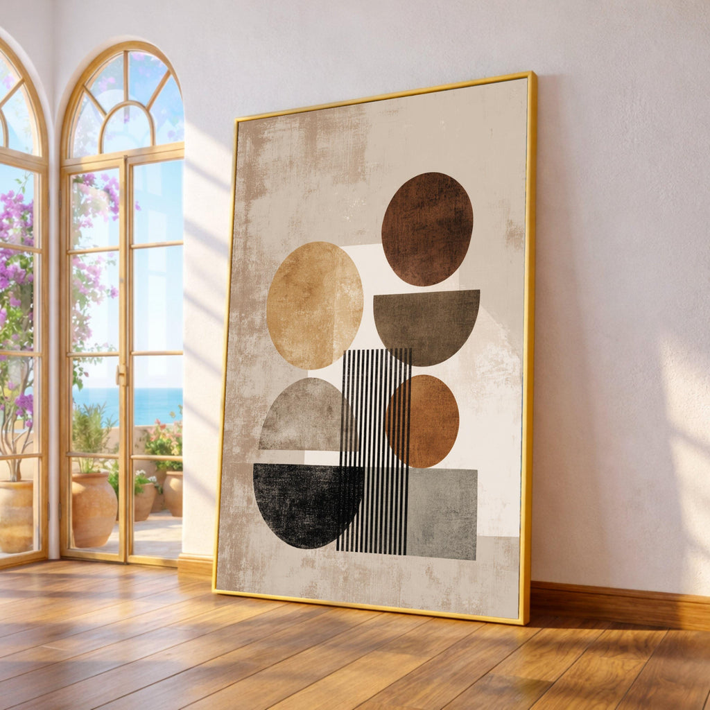 Beige Geometric Abstract Canvas, Mid-Century Modern Wall Art, Neutral Shapes Design, Contemporary Living Room Decor, Canvas Print
