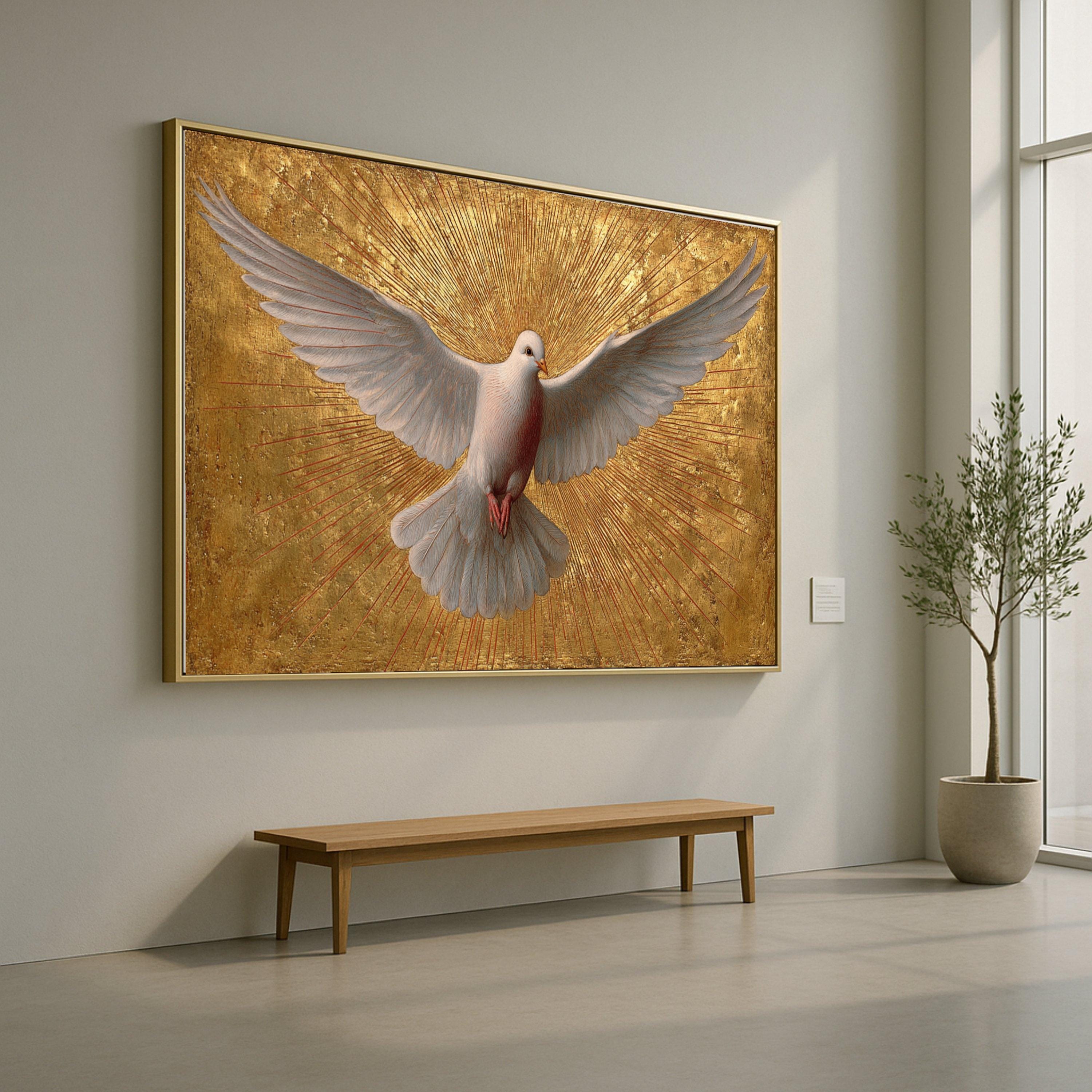 White Dove in Flight Canvas Wall Art, Golden Rays Background, Spiritual Bird Painting, Symbol of Peace, Inspirational Home Decor