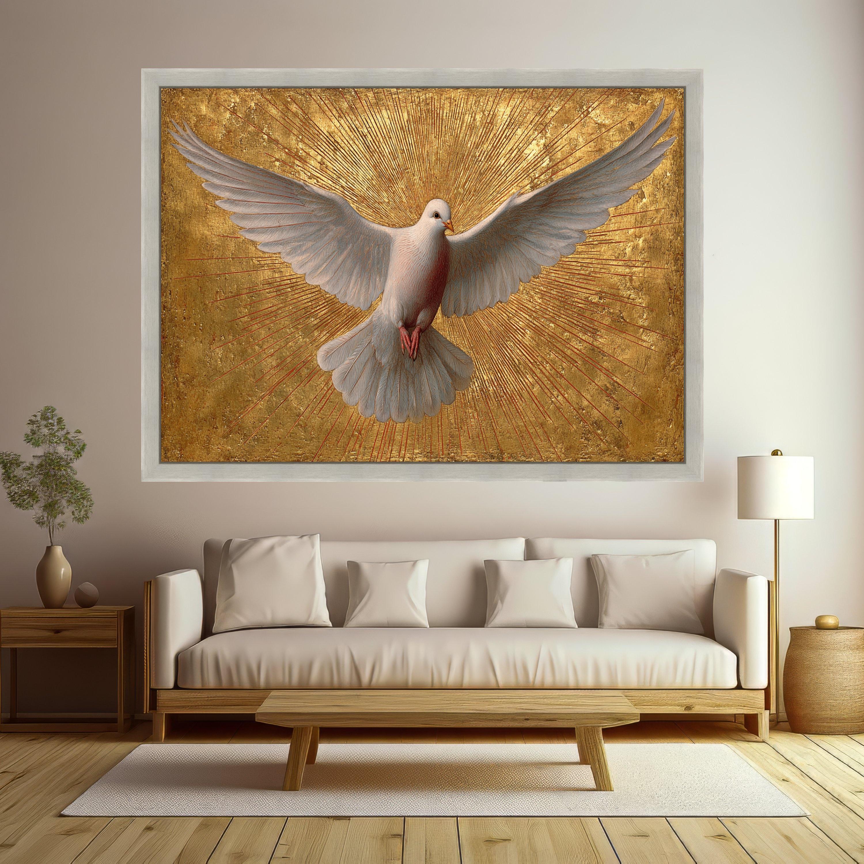 White Dove in Flight Canvas Wall Art, Golden Rays Background, Spiritual Bird Painting, Symbol of Peace, Inspirational Home Decor