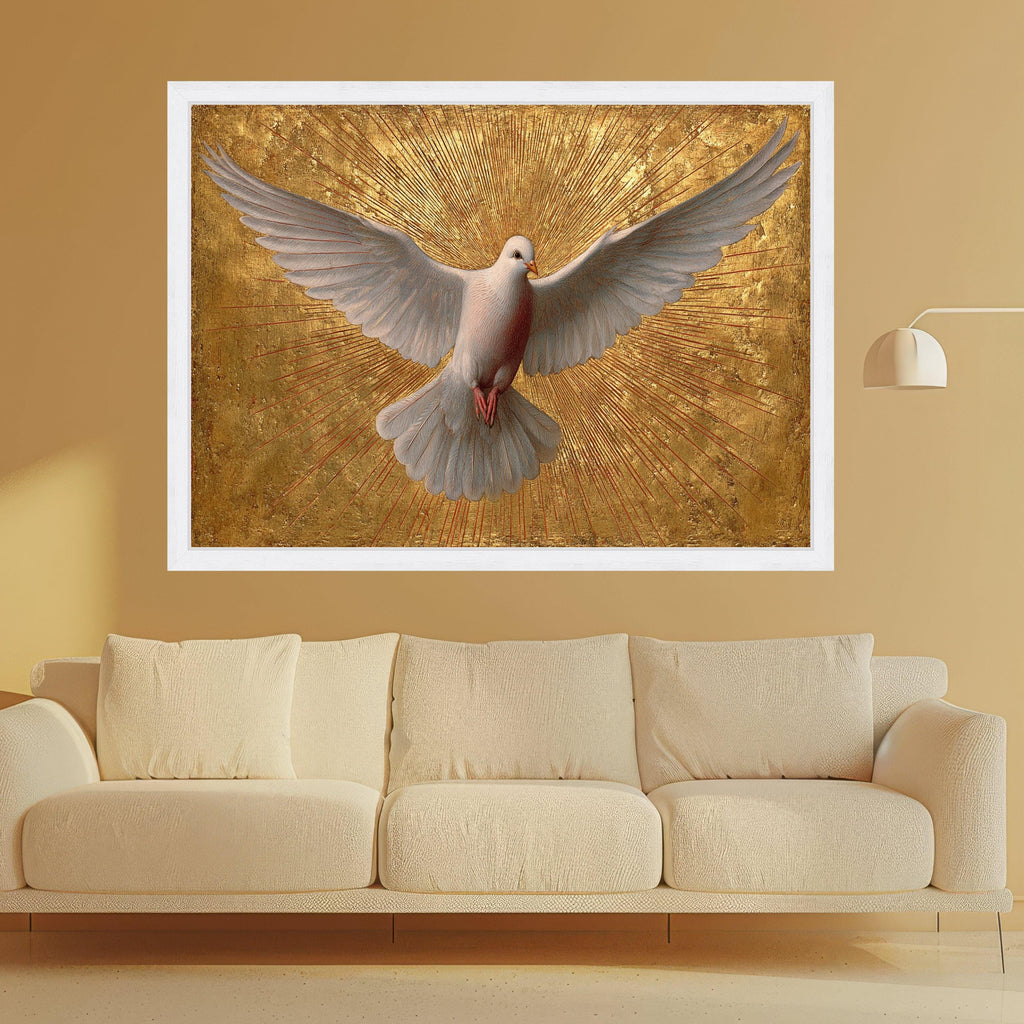 White Dove in Flight Canvas Wall Art, Golden Rays Background, Spiritual Bird Painting, Symbol of Peace, Inspirational Home Decor