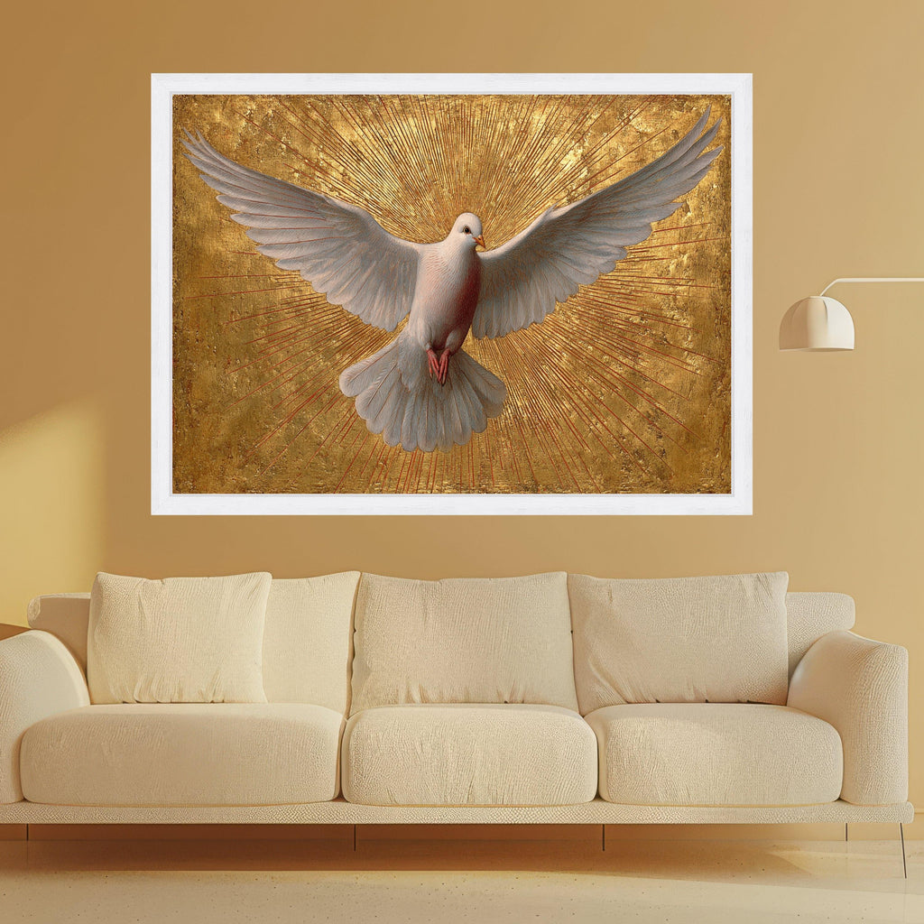 White Dove in Flight Canvas Wall Art, Golden Rays Background, Spiritual Bird Painting, Symbol of Peace, Inspirational Home Decor
