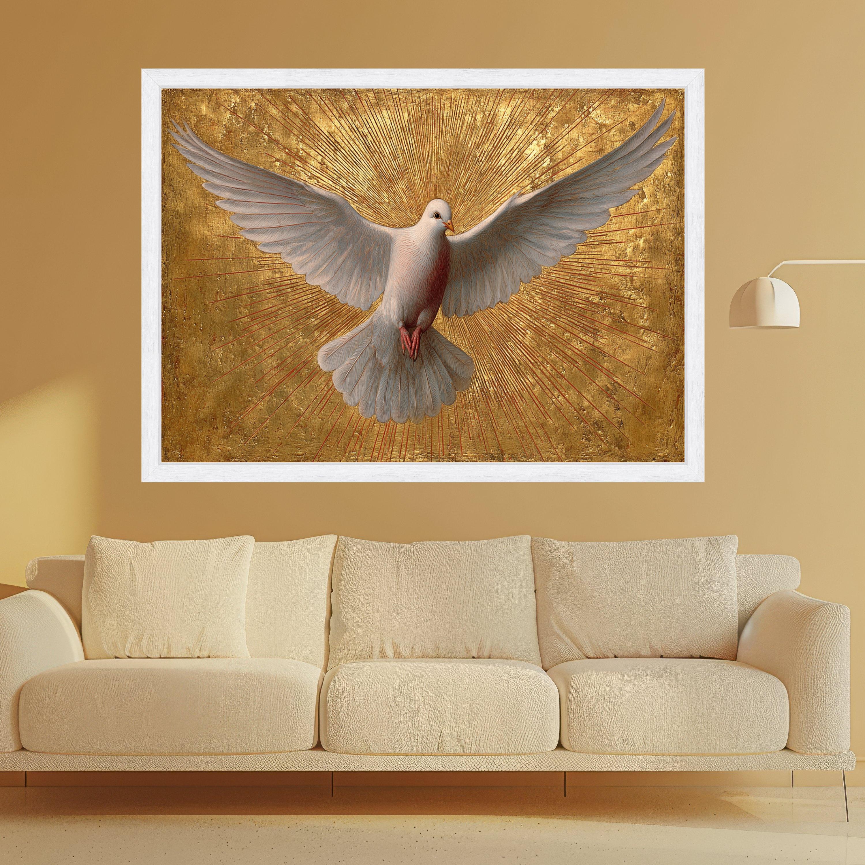 White Dove in Flight Canvas Wall Art, Golden Rays Background, Spiritual Bird Painting, Symbol of Peace, Inspirational Home Decor