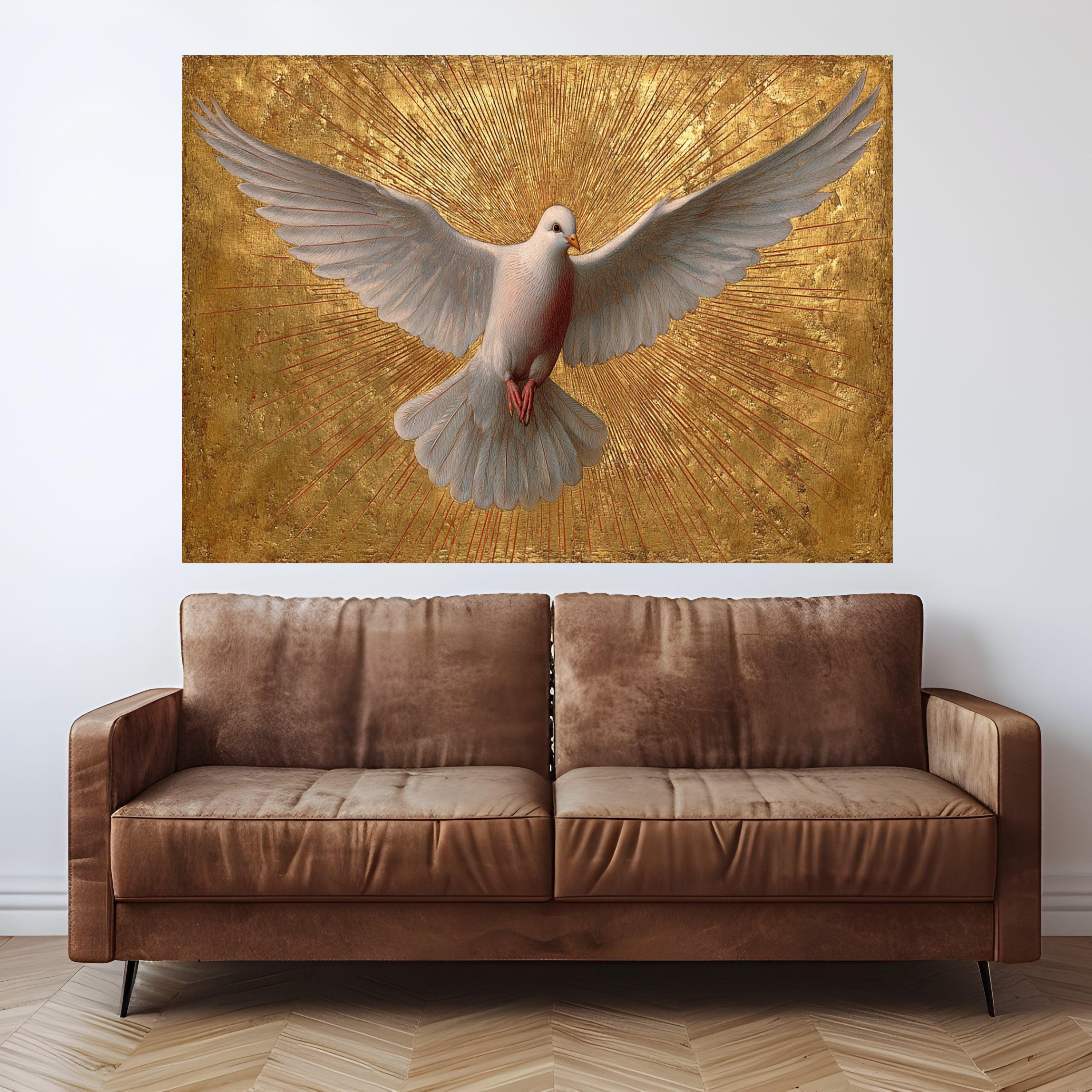 White Dove in Flight Canvas Wall Art, Golden Rays Background, Spiritual Bird Painting, Symbol of Peace, Inspirational Home Decor