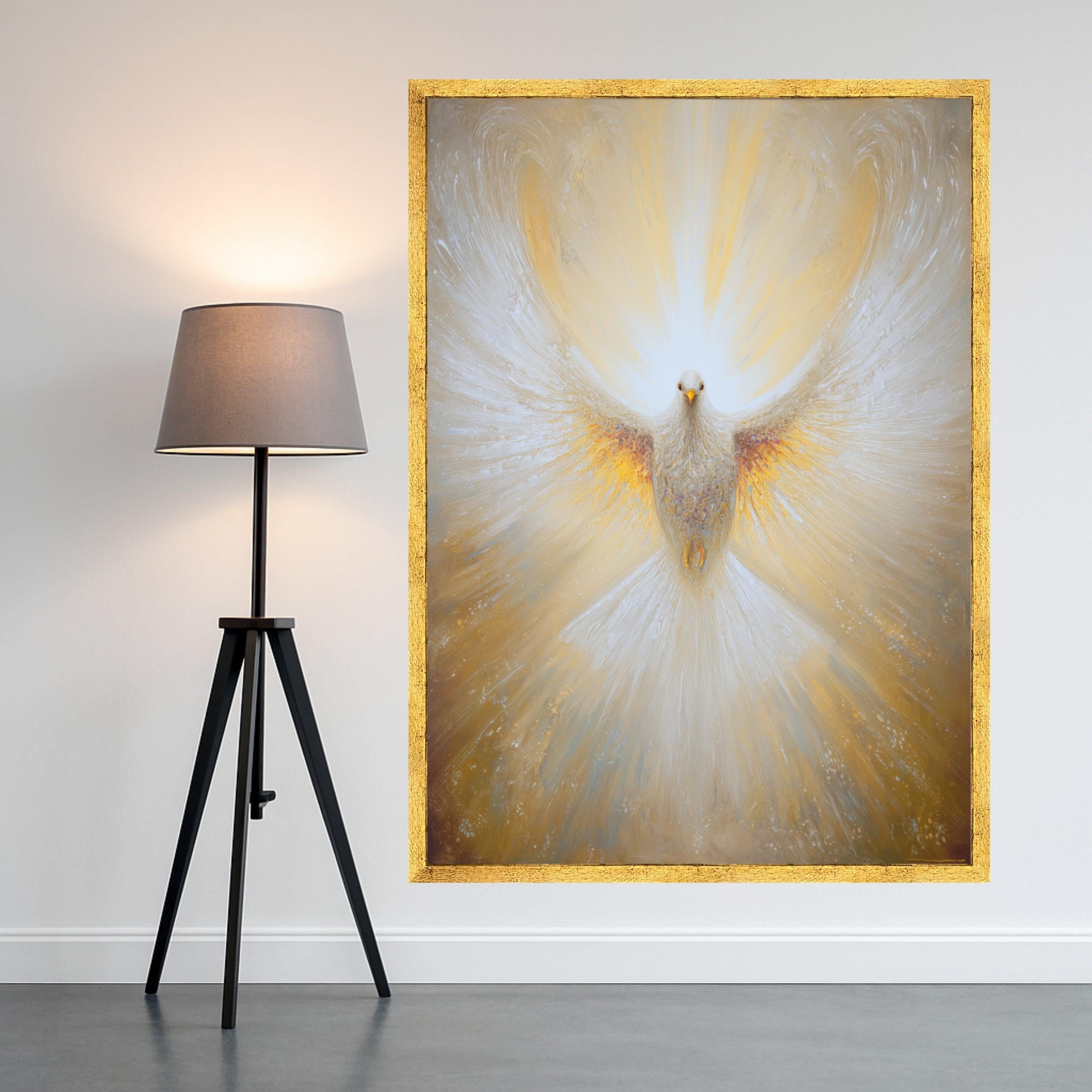 Radiant Dove Canvas Wall Art, Spiritual Bird Painting, White and Gold Wings, Abstract Peaceful Home Decor, Inspirational Wall Hanging