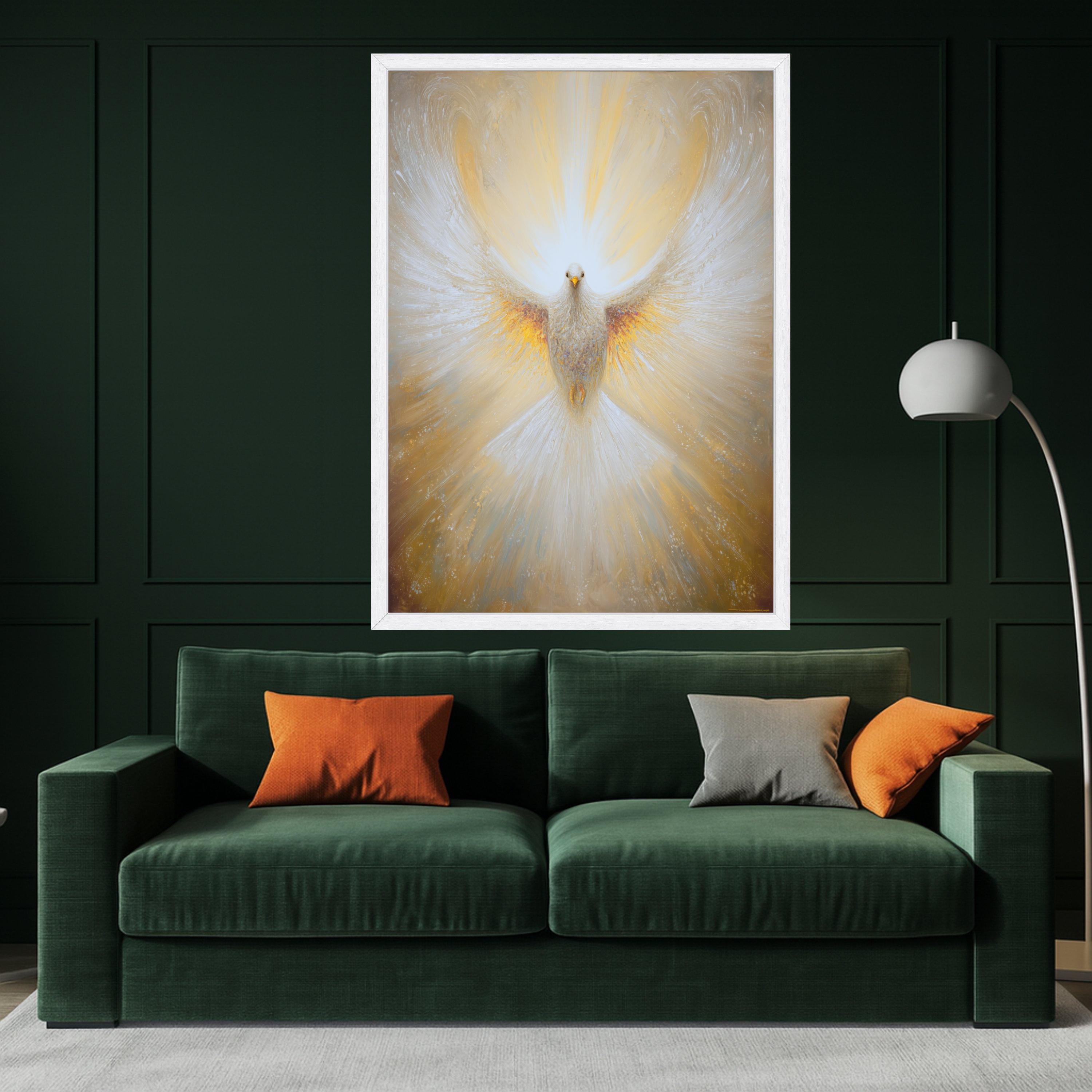 Radiant Dove Canvas Wall Art, Spiritual Bird Painting, White and Gold Wings, Abstract Peaceful Home Decor, Inspirational Wall Hanging