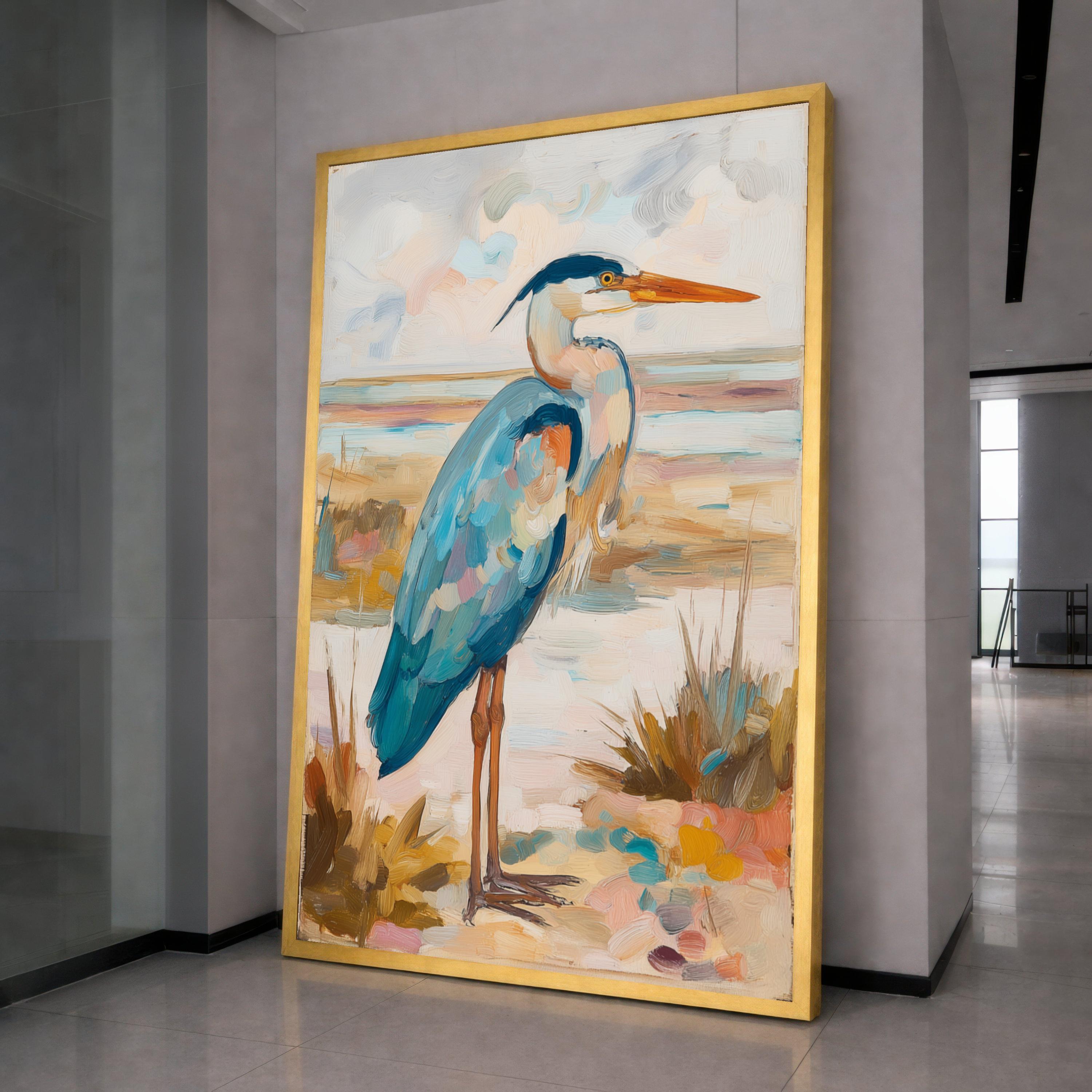 Blue Heron Painting Canvas Wall Art, Coastal Bird Illustration, Nature Wildlife Decor, Landscape Canvas, Ready to Hang Home Decoration