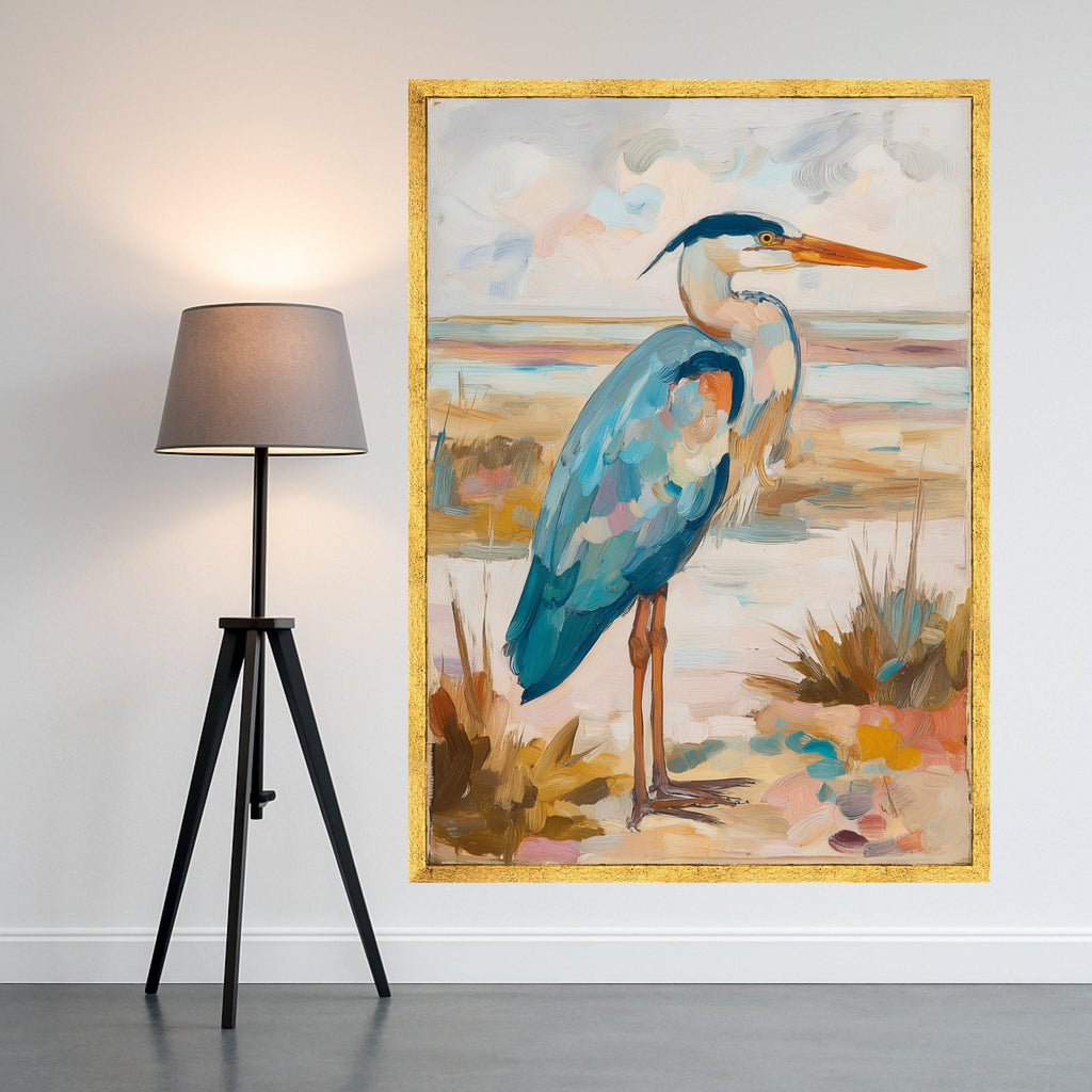Blue Heron Painting Canvas Wall Art, Coastal Bird Illustration, Nature Wildlife Decor, Landscape Canvas, Ready to Hang Home Decoration