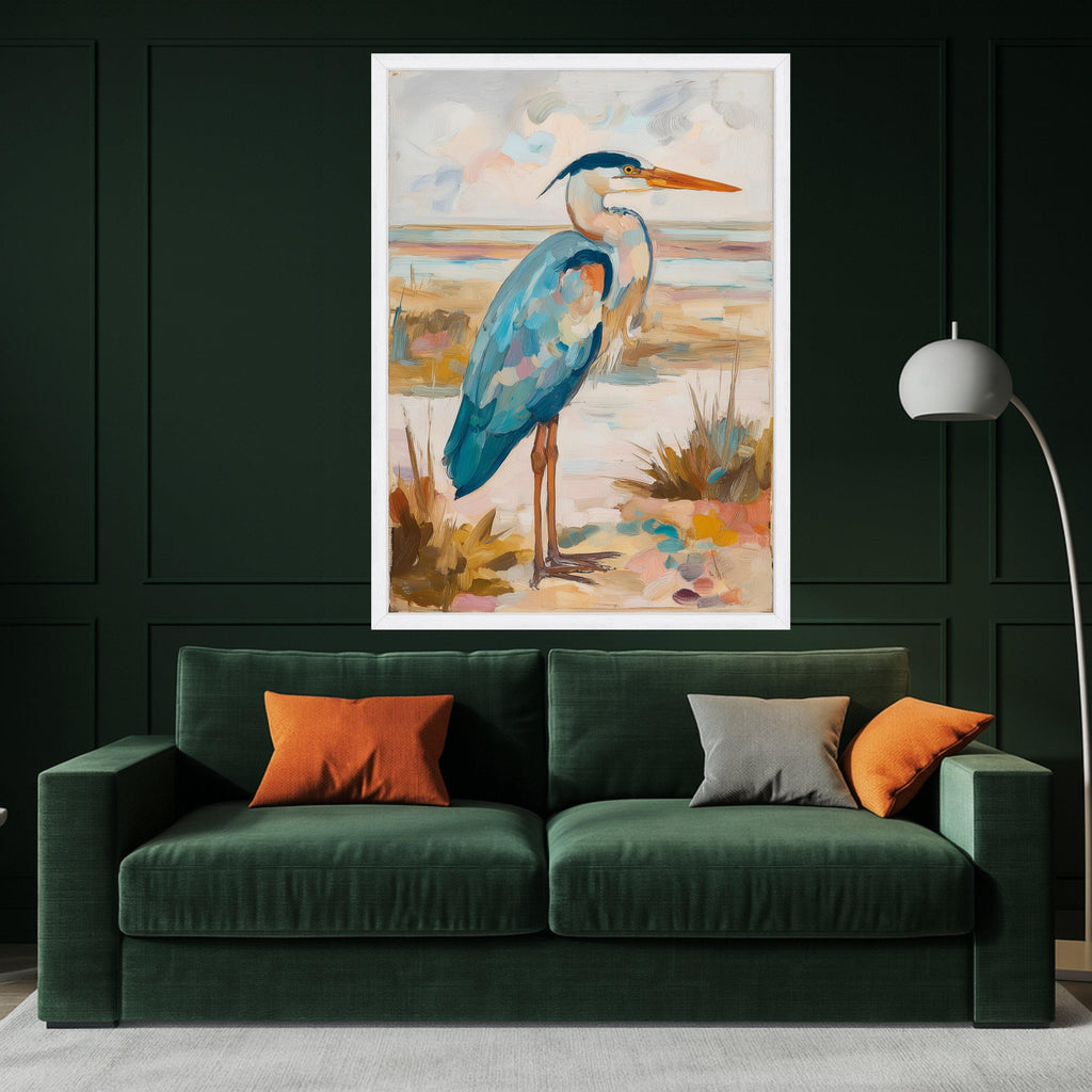 Blue Heron Painting Canvas Wall Art, Coastal Bird Illustration, Nature Wildlife Decor, Landscape Canvas, Ready to Hang Home Decoration
