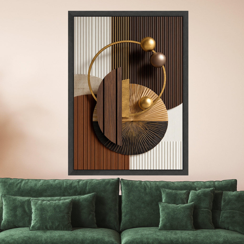 Modern Geometric Abstract Canvas, Metallic Gold and Wood Wall Art, Circle Design, Contemporary Home Decor, Ready to Hang Canvas
