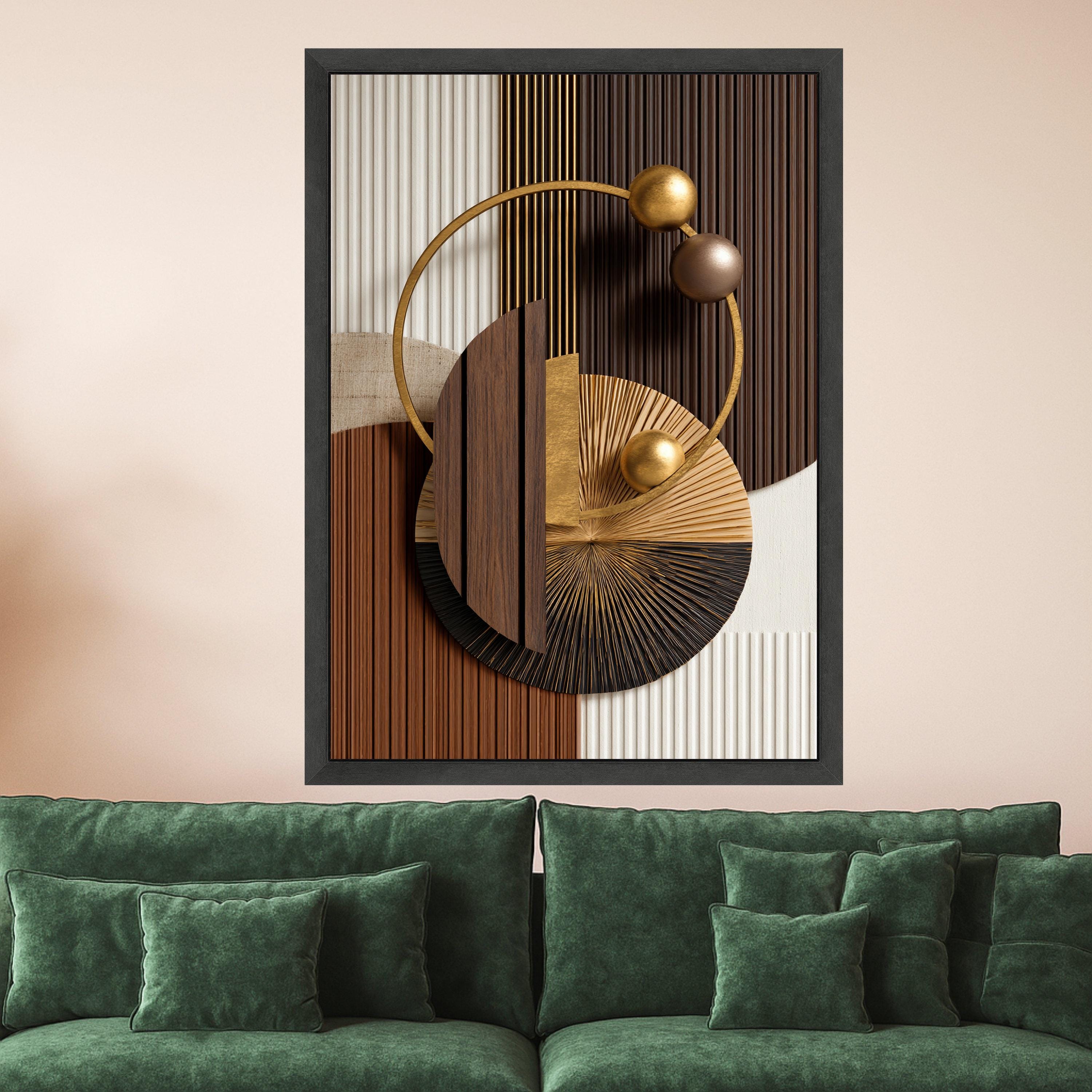 Modern Geometric Abstract Canvas, Metallic Gold and Wood Wall Art, Circle Design, Contemporary Home Decor, Ready to Hang Canvas