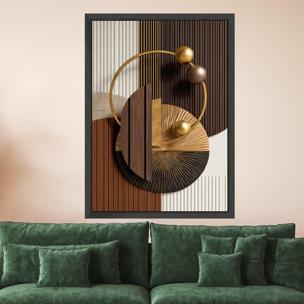 Modern Geometric Abstract Canvas, Metallic Gold and Wood Wall Art, Circle Design, Contemporary Home Decor, Ready to Hang Canvas