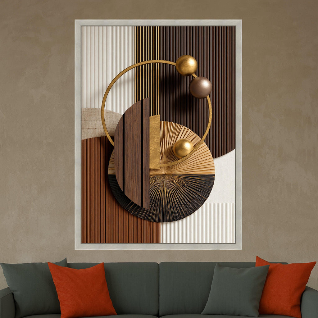 Modern Geometric Abstract Canvas, Metallic Gold and Wood Wall Art, Circle Design, Contemporary Home Decor, Ready to Hang Canvas