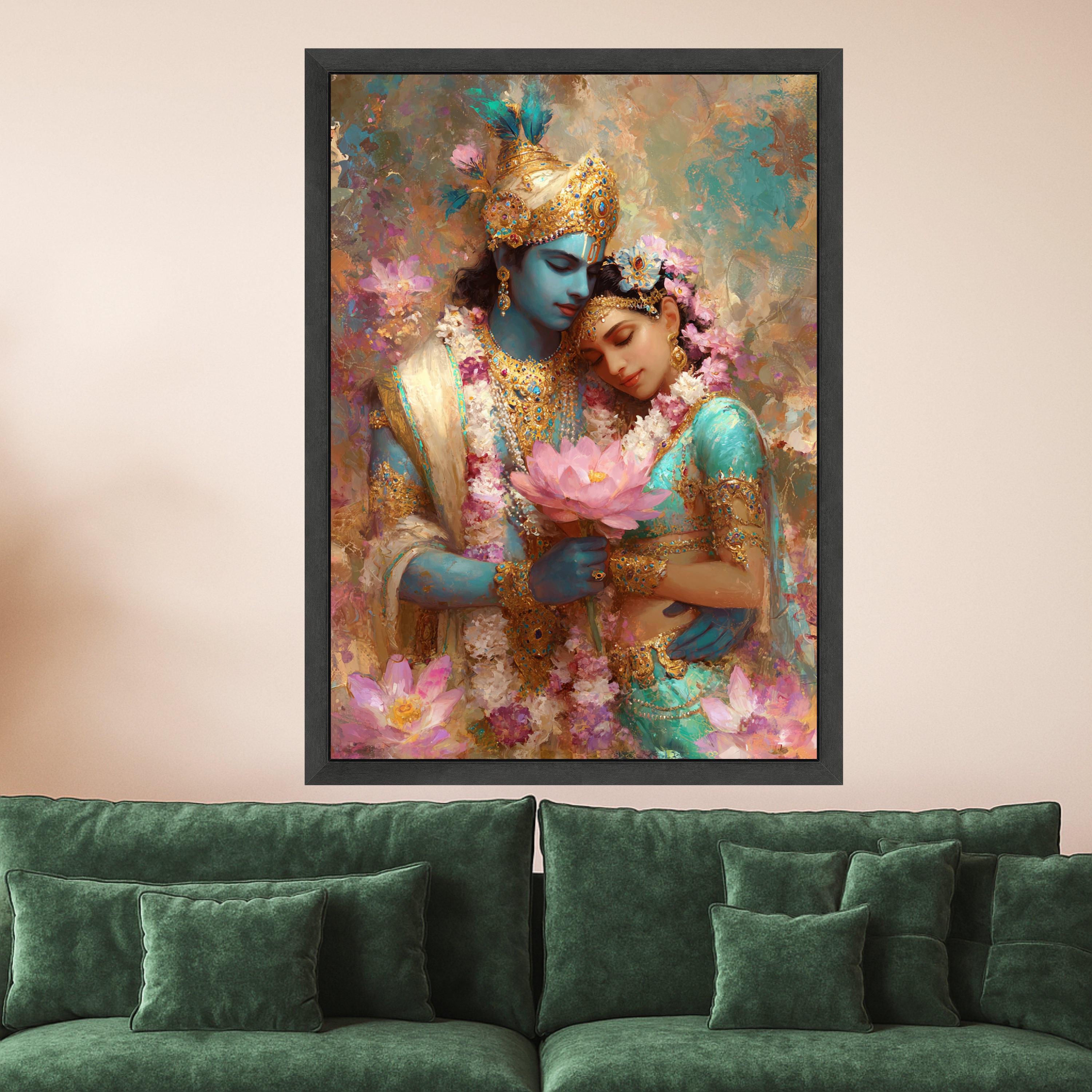 Krishna and Radha Divine Love Canvas, Hindu Mythology Wall Art, Indian Spiritual Decor, Romantic Couple Painting, Floral Lotus Canvas