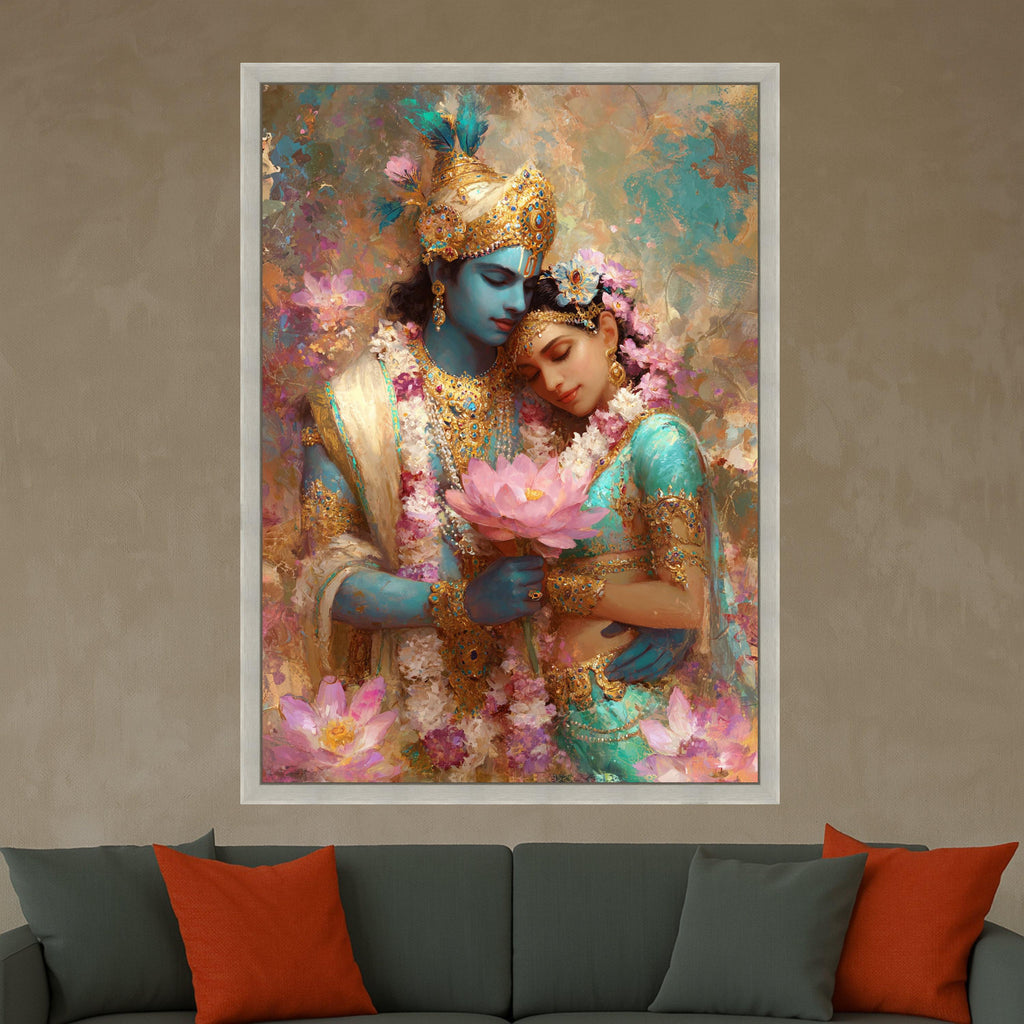 Krishna and Radha Divine Love Canvas, Hindu Mythology Wall Art, Indian Spiritual Decor, Romantic Couple Painting, Floral Lotus Canvas