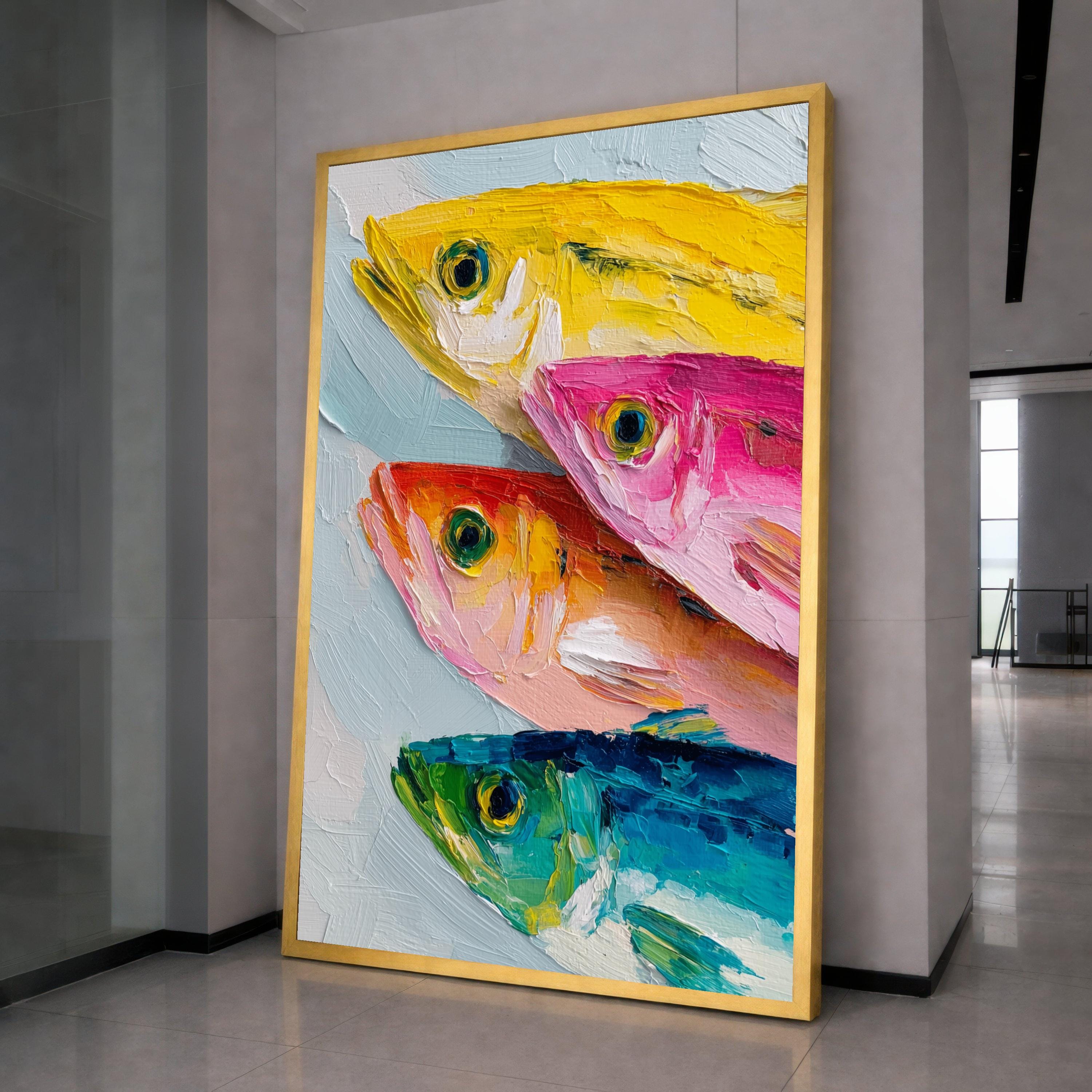 Colorful Fish Canvas Wall Art, Modern Abstract Seafood Painting, Vibrant Ocean Life Canvas, Marine Decor, Ready to Hang Wall Art