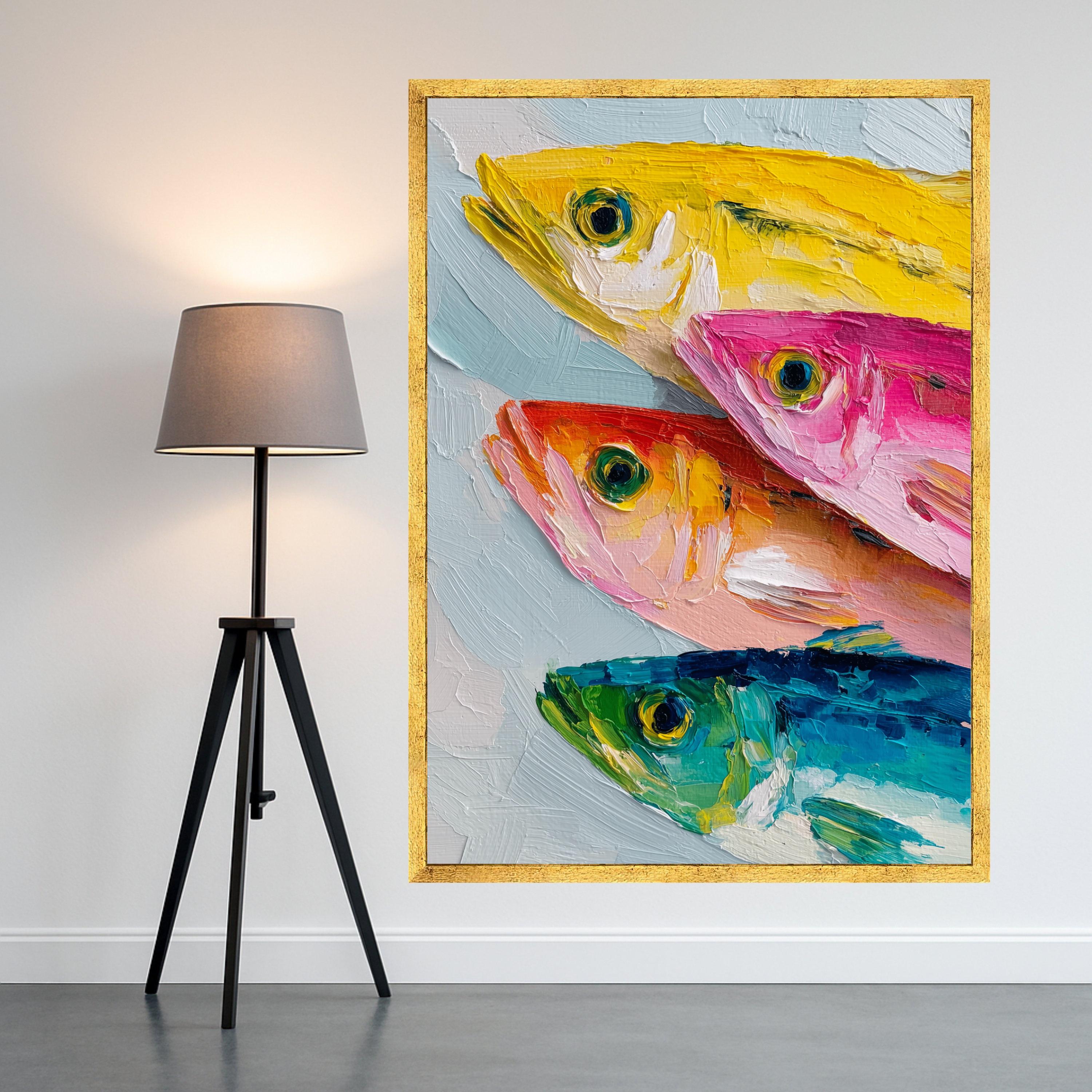 Colorful Fish Canvas Wall Art, Modern Abstract Seafood Painting, Vibrant Ocean Life Canvas, Marine Decor, Ready to Hang Wall Art