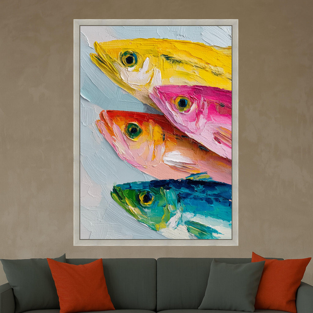 Colorful Fish Canvas Wall Art, Modern Abstract Seafood Painting, Vibrant Ocean Life Canvas, Marine Decor, Ready to Hang Wall Art