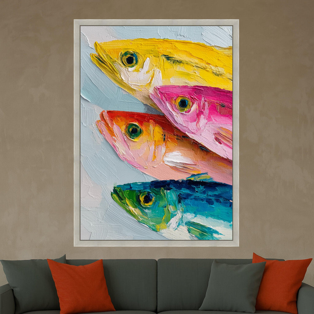 Colorful Fish Canvas Wall Art, Modern Abstract Seafood Painting, Vibrant Ocean Life Canvas, Marine Decor, Ready to Hang Wall Art